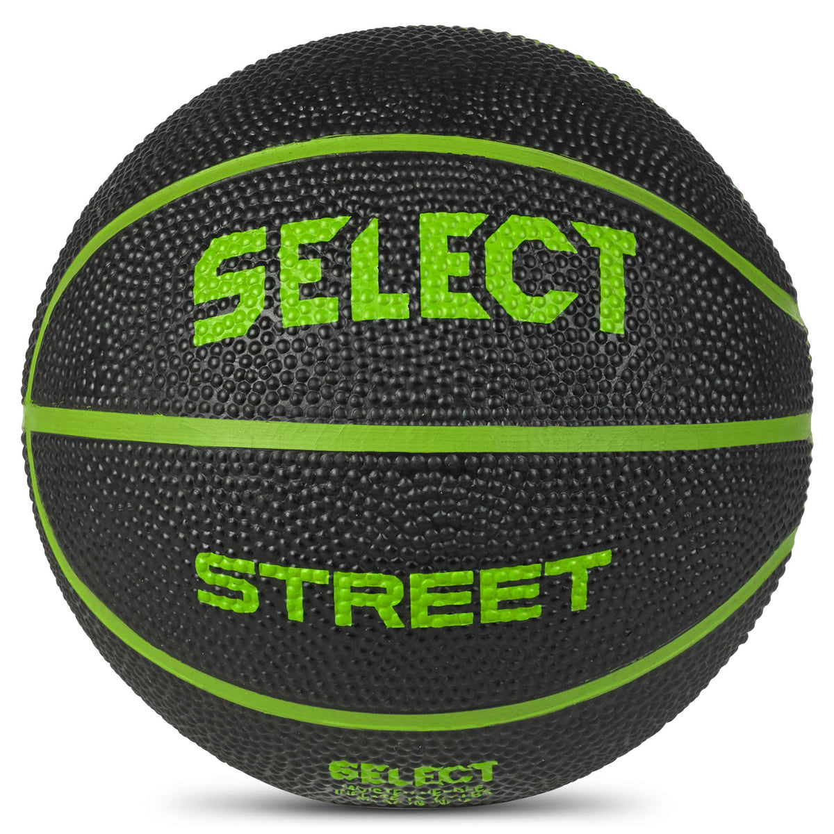 Sort og grøn Basketball mini, Andre bolde, closeup med struktureret overflade og grøn Select- og Street-tekst.