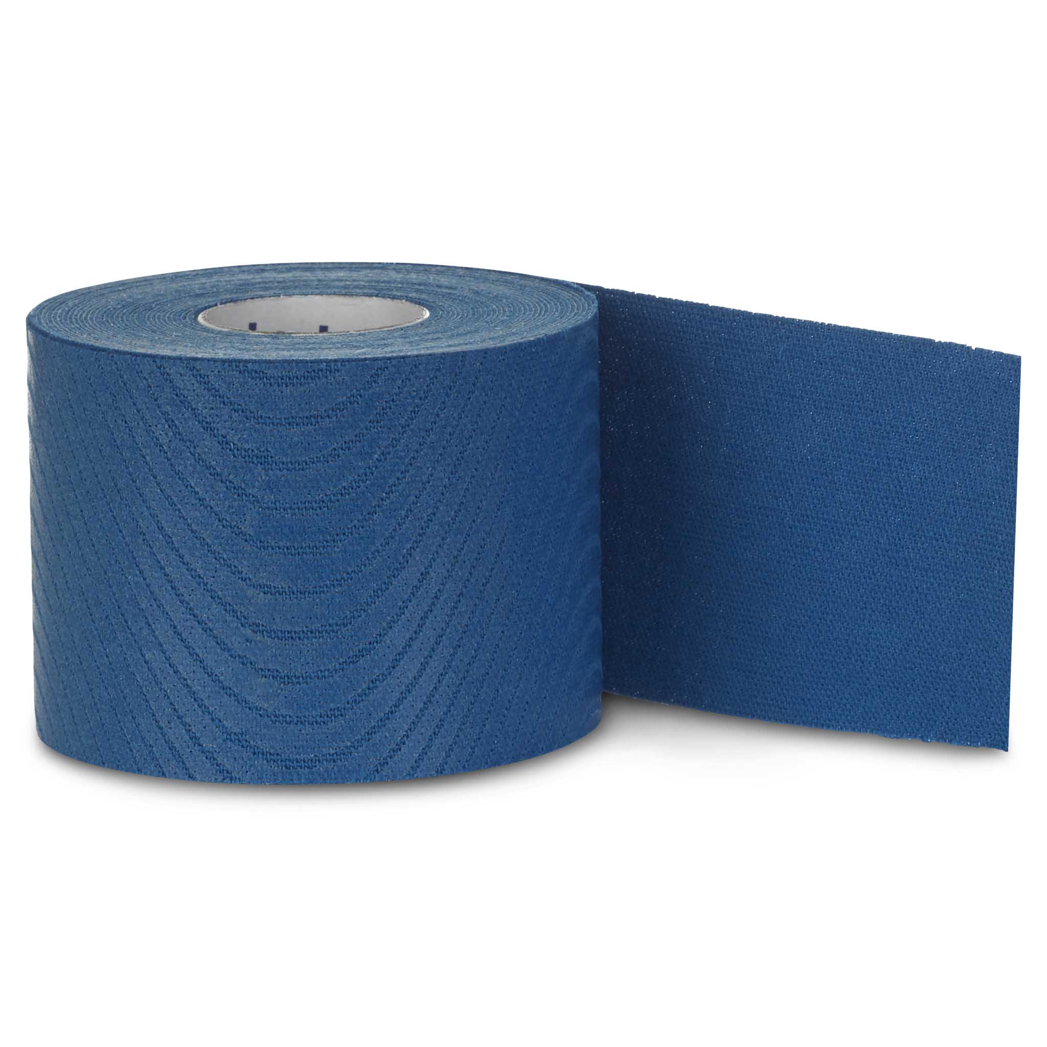 Forside af blå Leukotape K kinesiologitape-rulle, delvist rullet ud med struktureret stof.