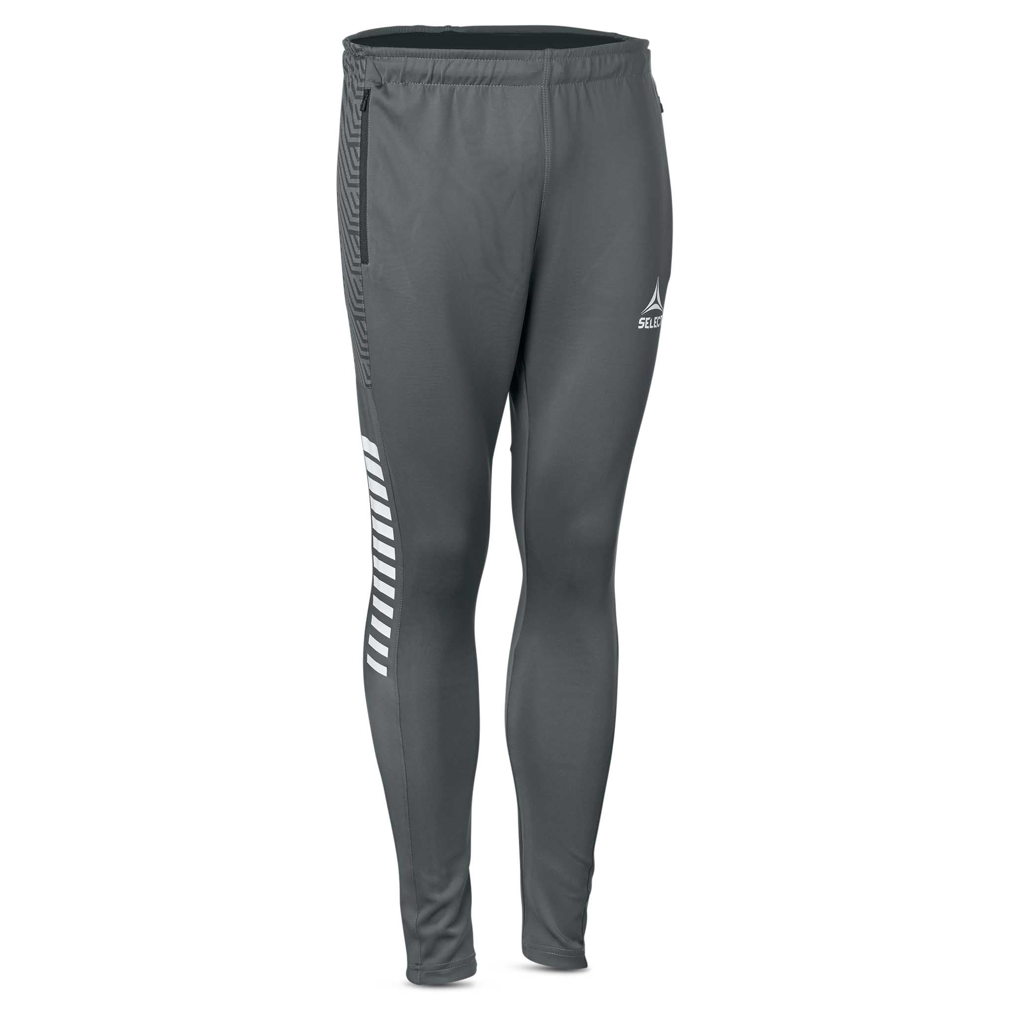 Grå slim fit Training pants slim fit Monaco v24, forfra, med hvide striber. Kamp- og træningstøj til fodbold.
