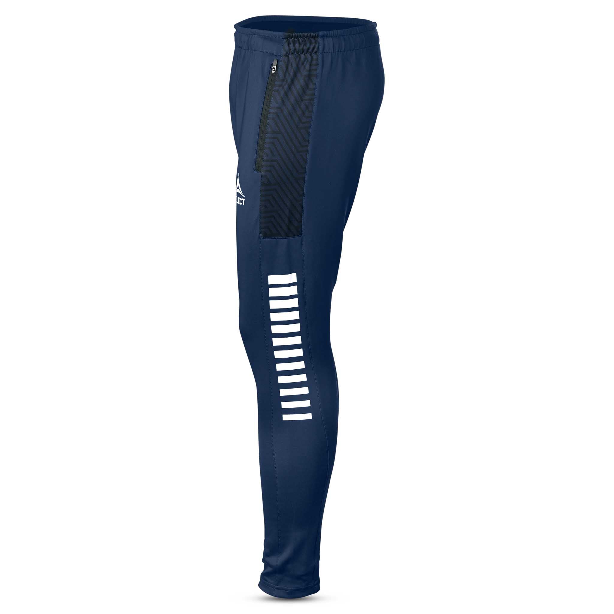 Marineblå og hvide Training pants slim fit Monaco v24, Match & Training wear, set fra højre side med hvid stribedetalje.