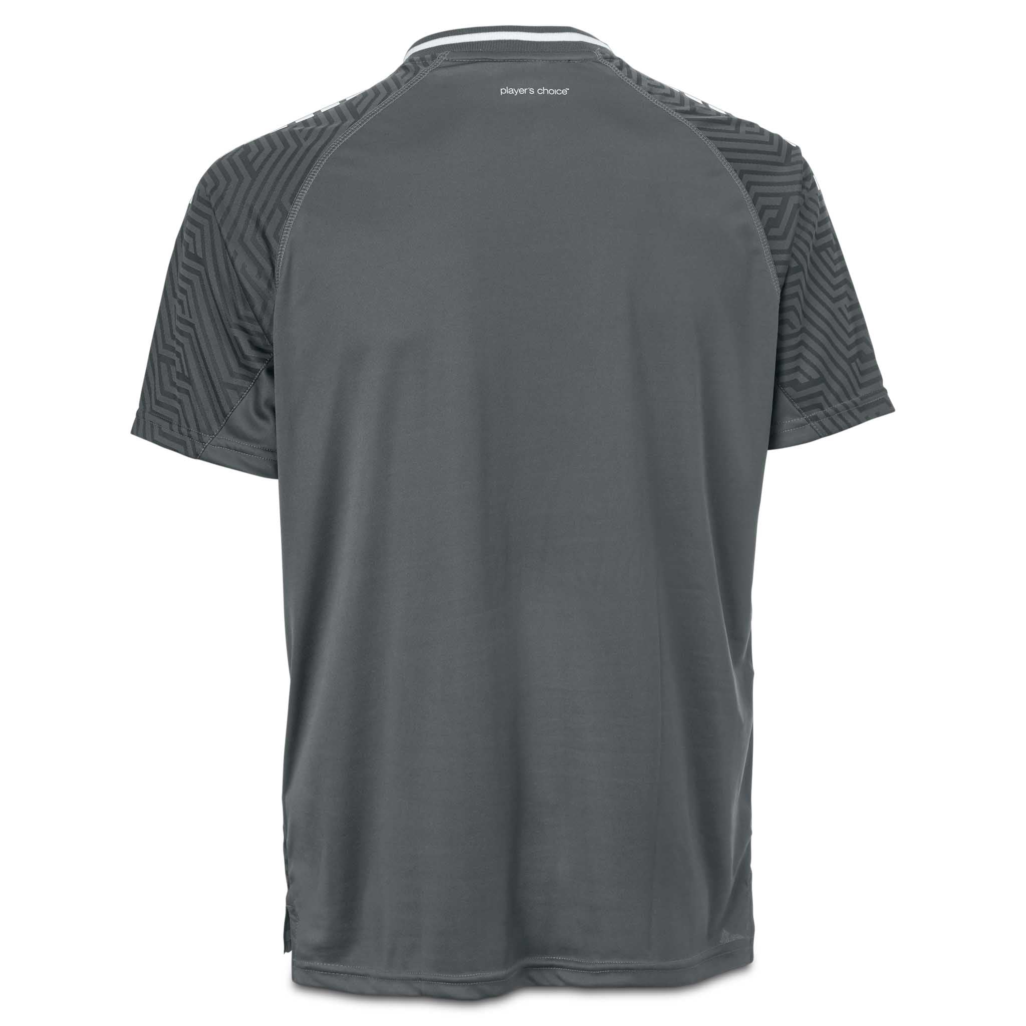Bagside af grå Player shirt S/S Monaco v24 fodbold Match & Training wear med mønstrede ærmer.