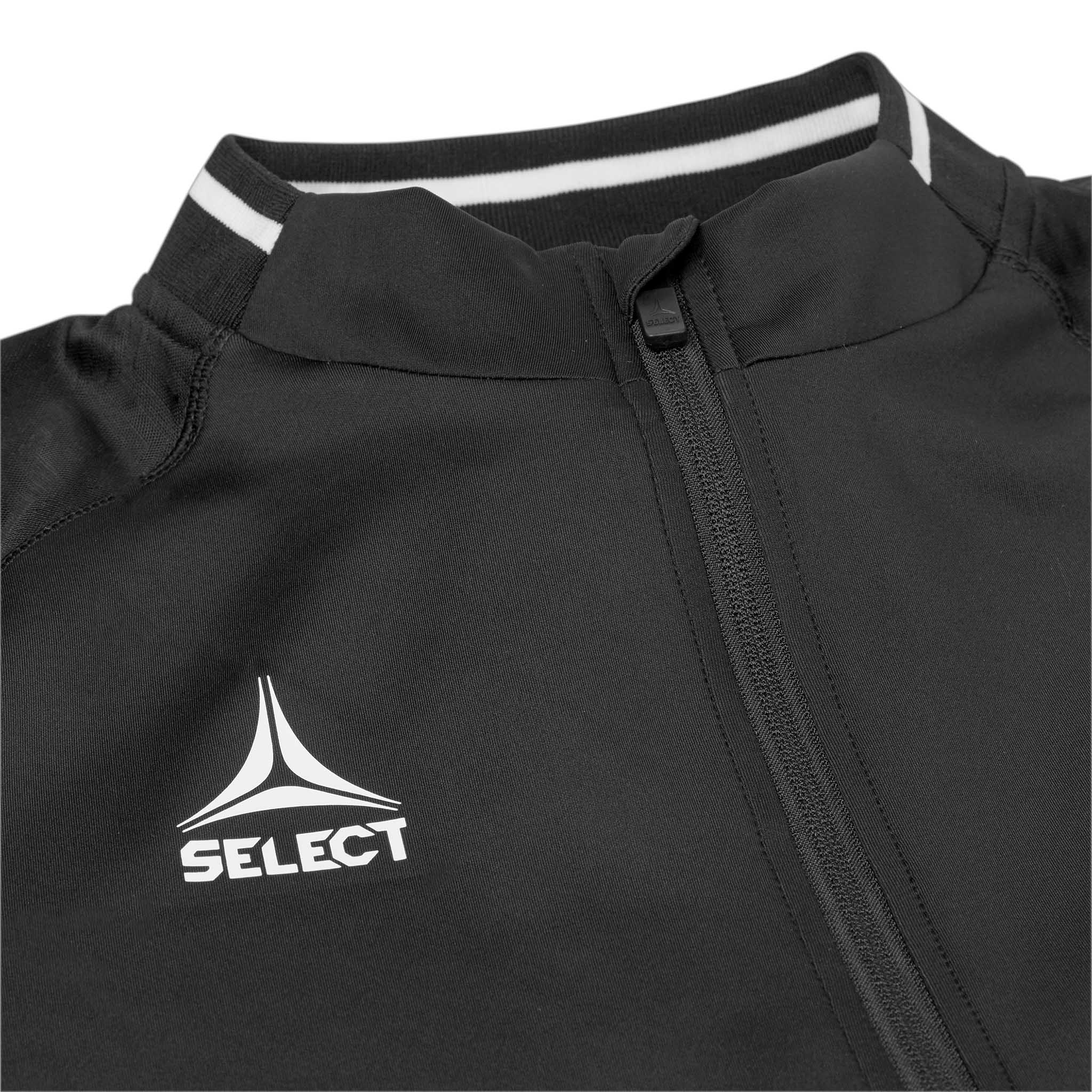 Nærbillede af sort Zip jacket Monaco v24, Kamp & Træningstøj, med lynlås, hvid kravekant og fodboldlogo.