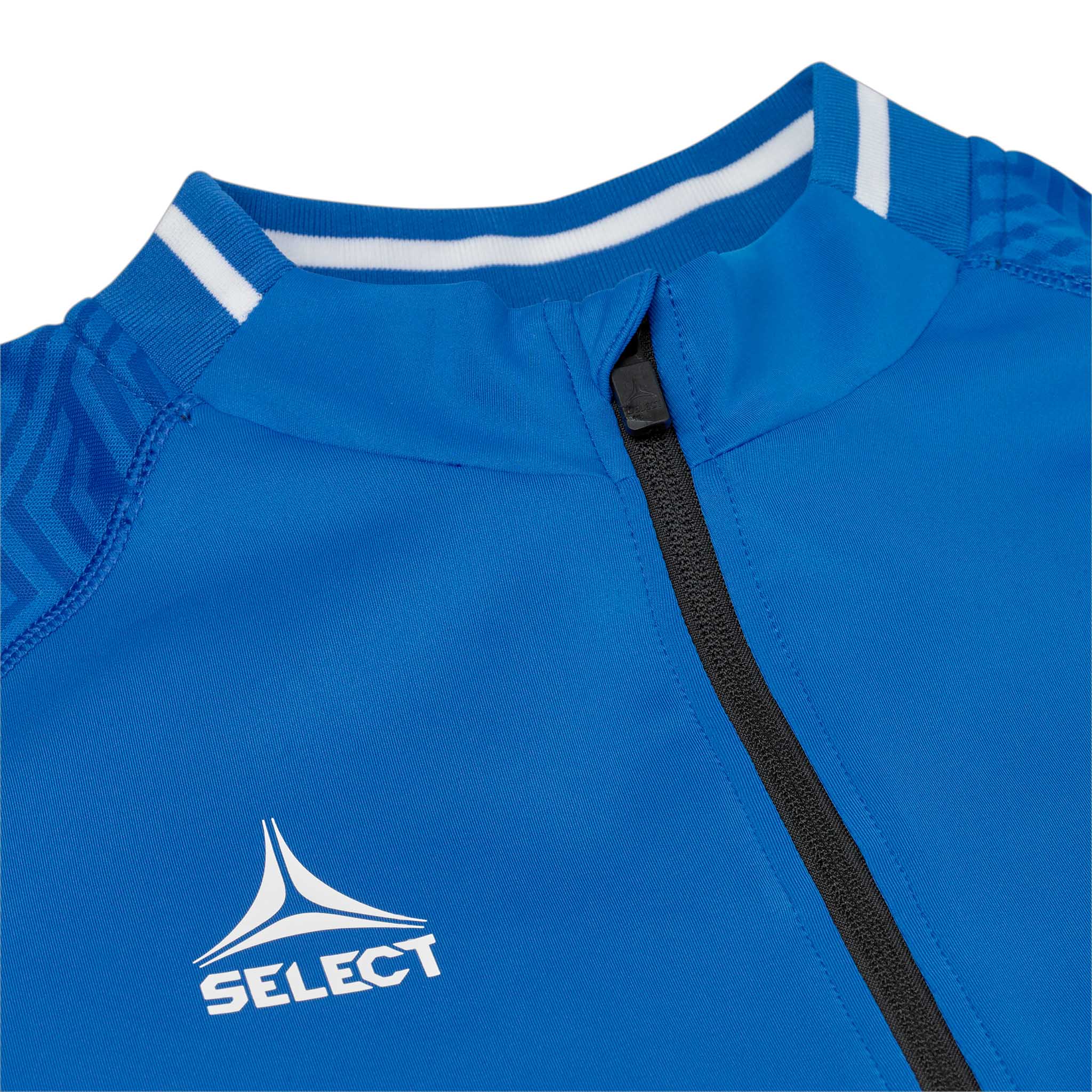 Closeup af blå-hvid Zip jakke Monaco v24, Match & Training wear, der viser lynlås, krave og Select-logo