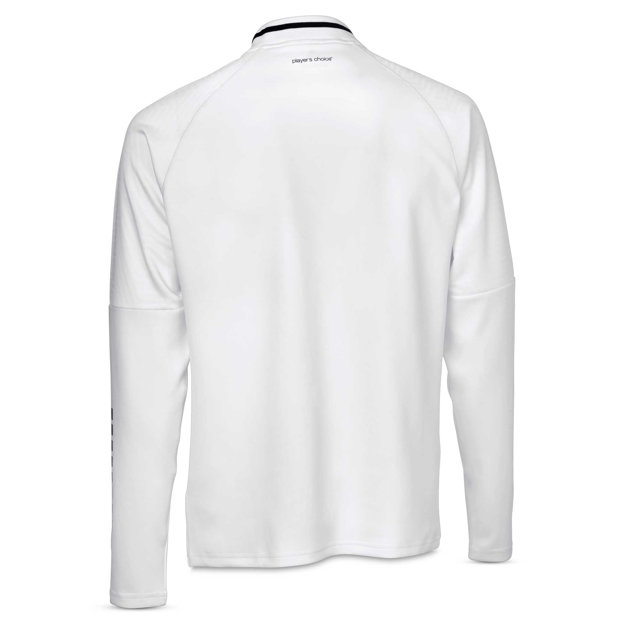 Hvid Zip jakke Monaco v24, bagside. Fodbold kamp- og træningstøj med sort kravedetalje.