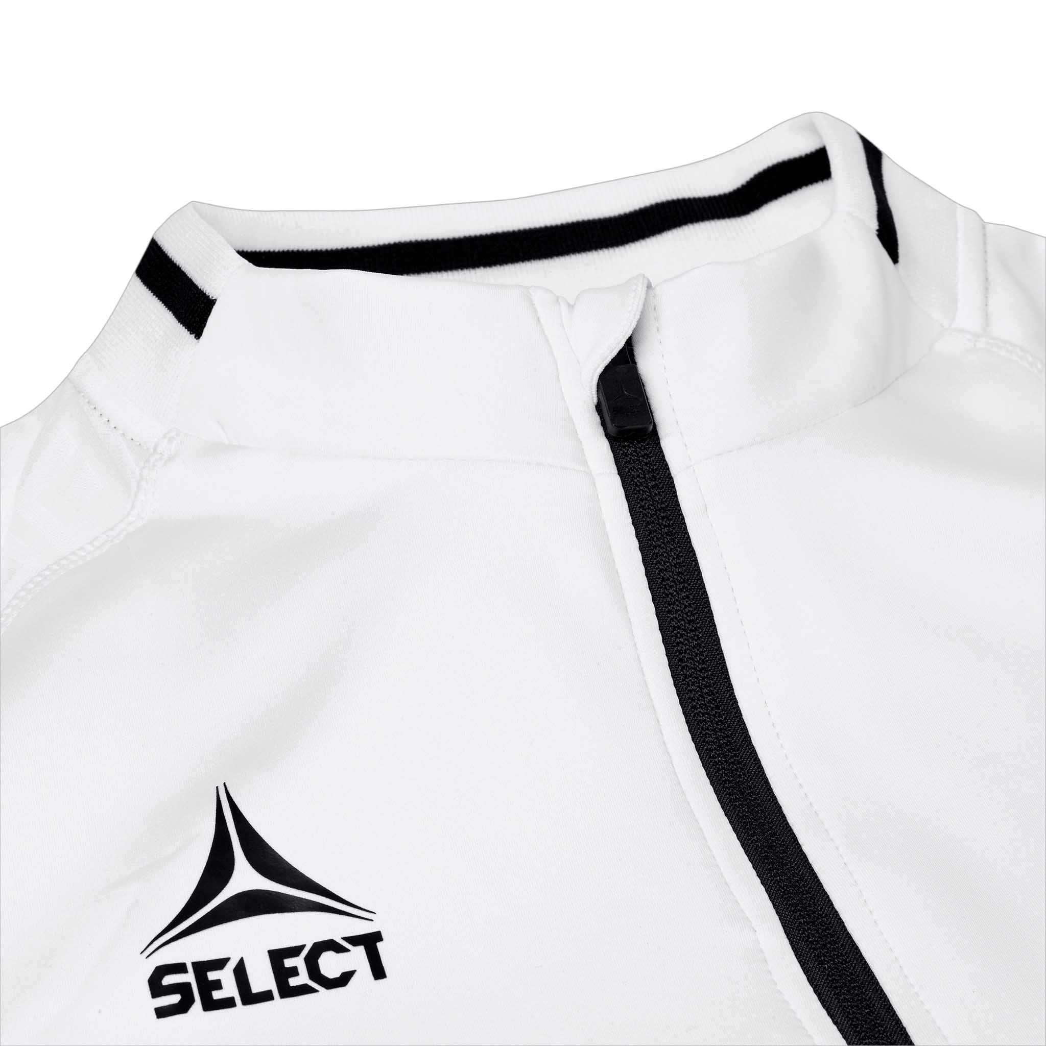 Nærbillede af hvid Zip jacket Monaco v24, Match & Training wear, med sort lynlås, kravekant og Select-logo.