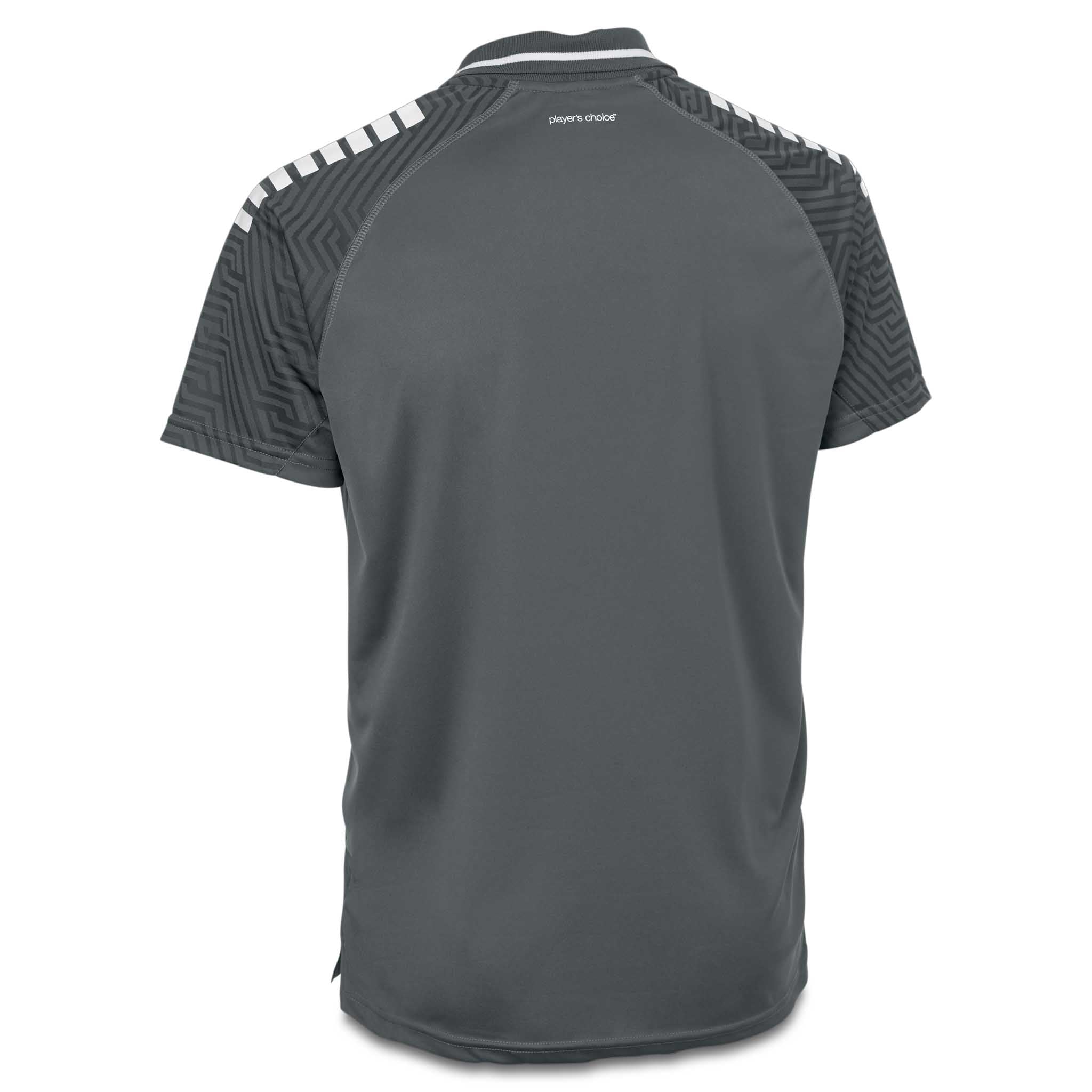 Bagside af grå Technical Polo Monaco v24 fritidstøj med hvide og sorte mønstrede ærmer, fodboldbeklædning.