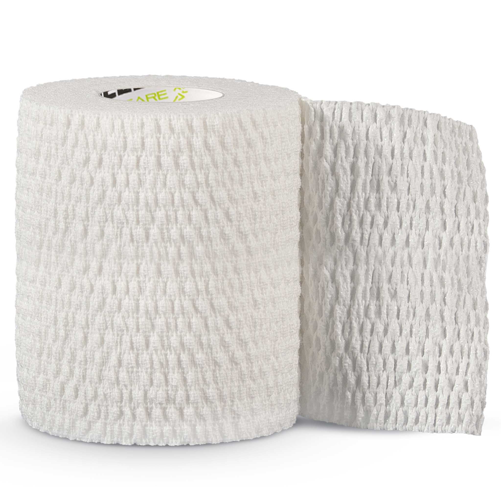 Forside af hvid Stretch Tape, sportsplejeprodukt, vist som en rullet bandage.