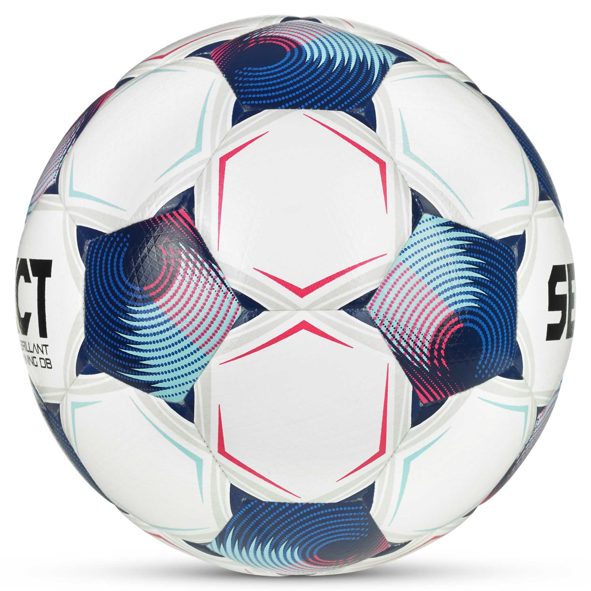 FB Brillant Training DB v25 fodbold, hvid med blå, pink og turkise paneler, set fra højre