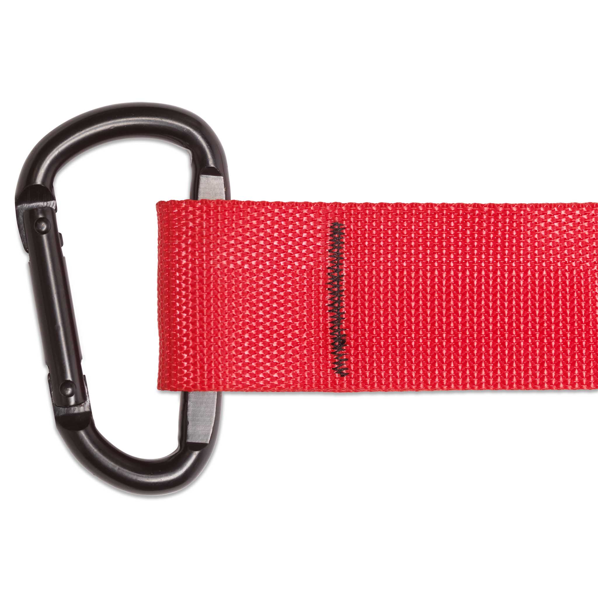 Closeup af rød Slingtrainer-strop med sort karabinhage.
