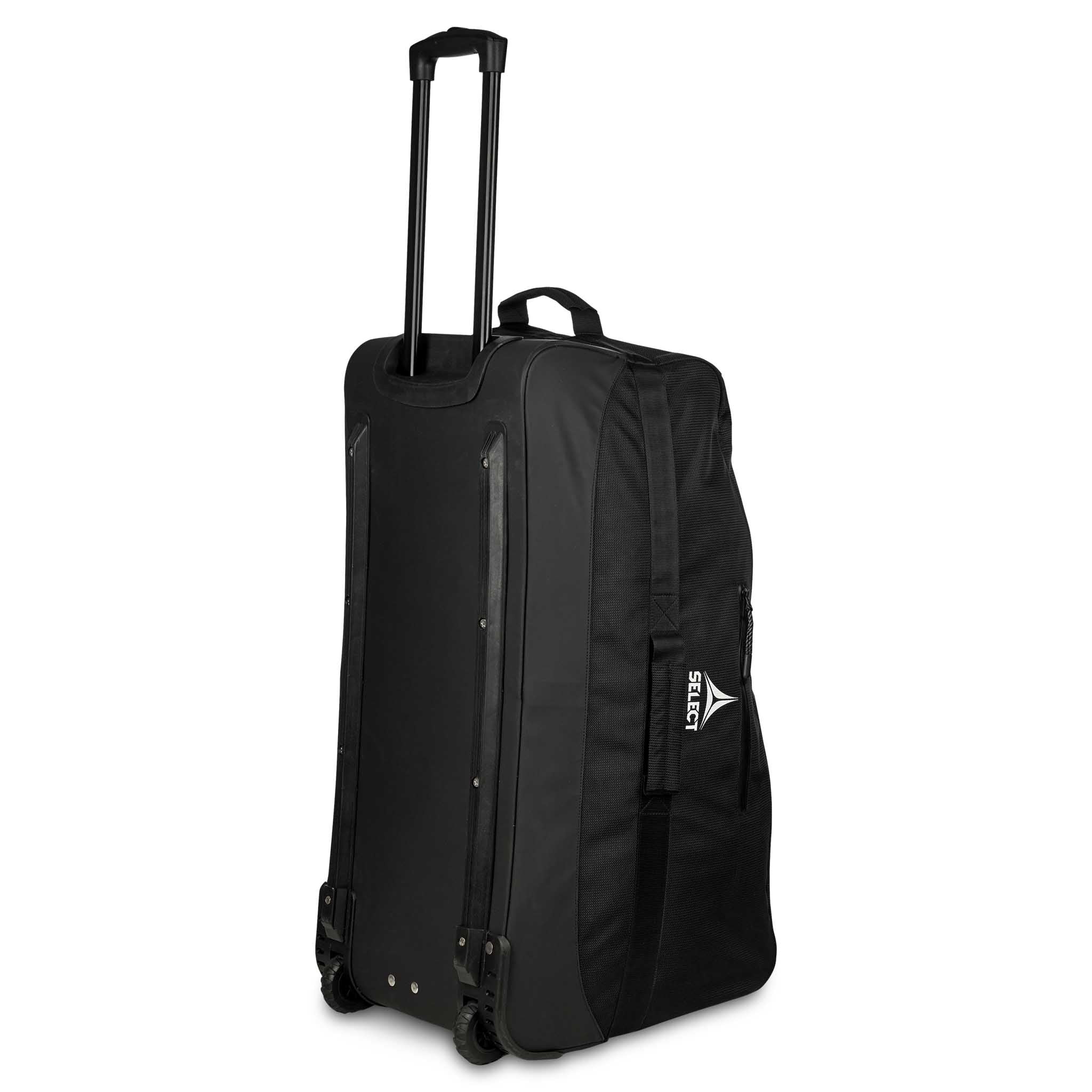 Sort Teambag Trolley v25 sportstaske, set fra bagsiden med udtrukket håndtag og hjul.