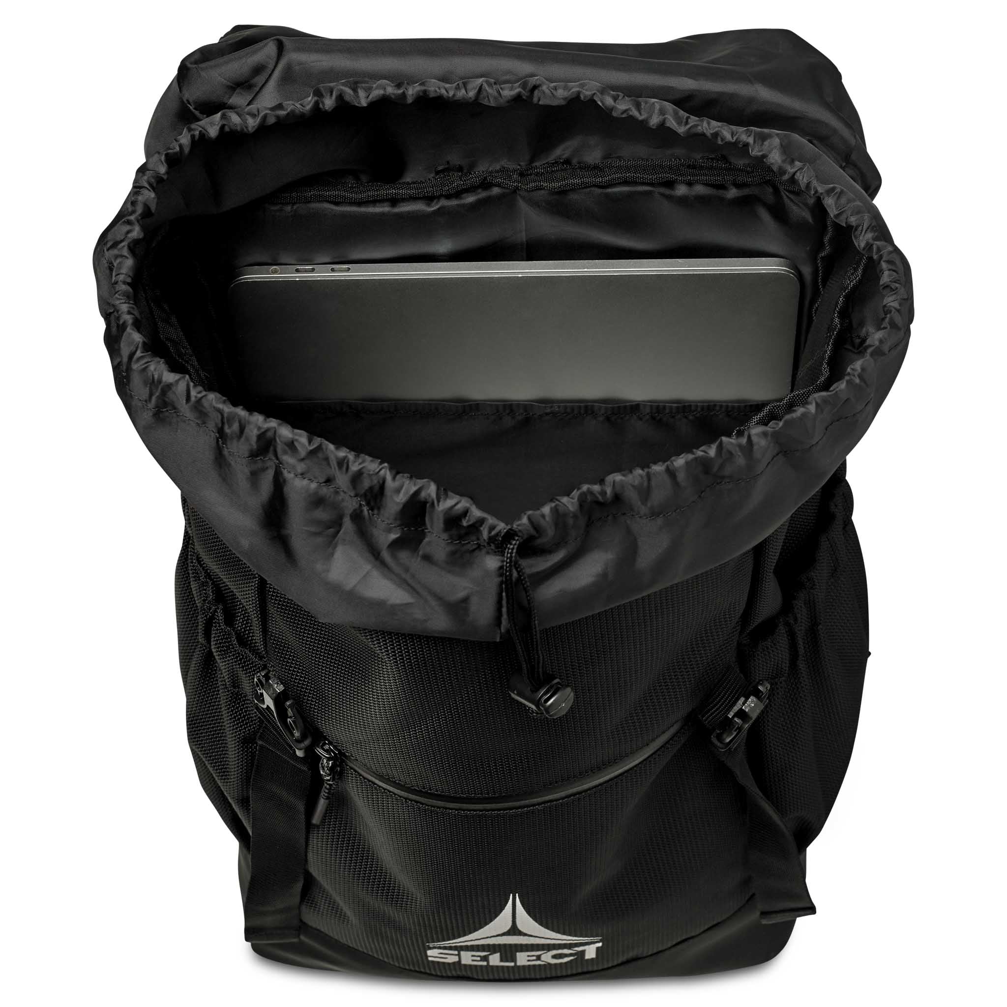 Sort Backpack v25 sportstaske, nærbillede af åben top med polstret laptoprum indeni.