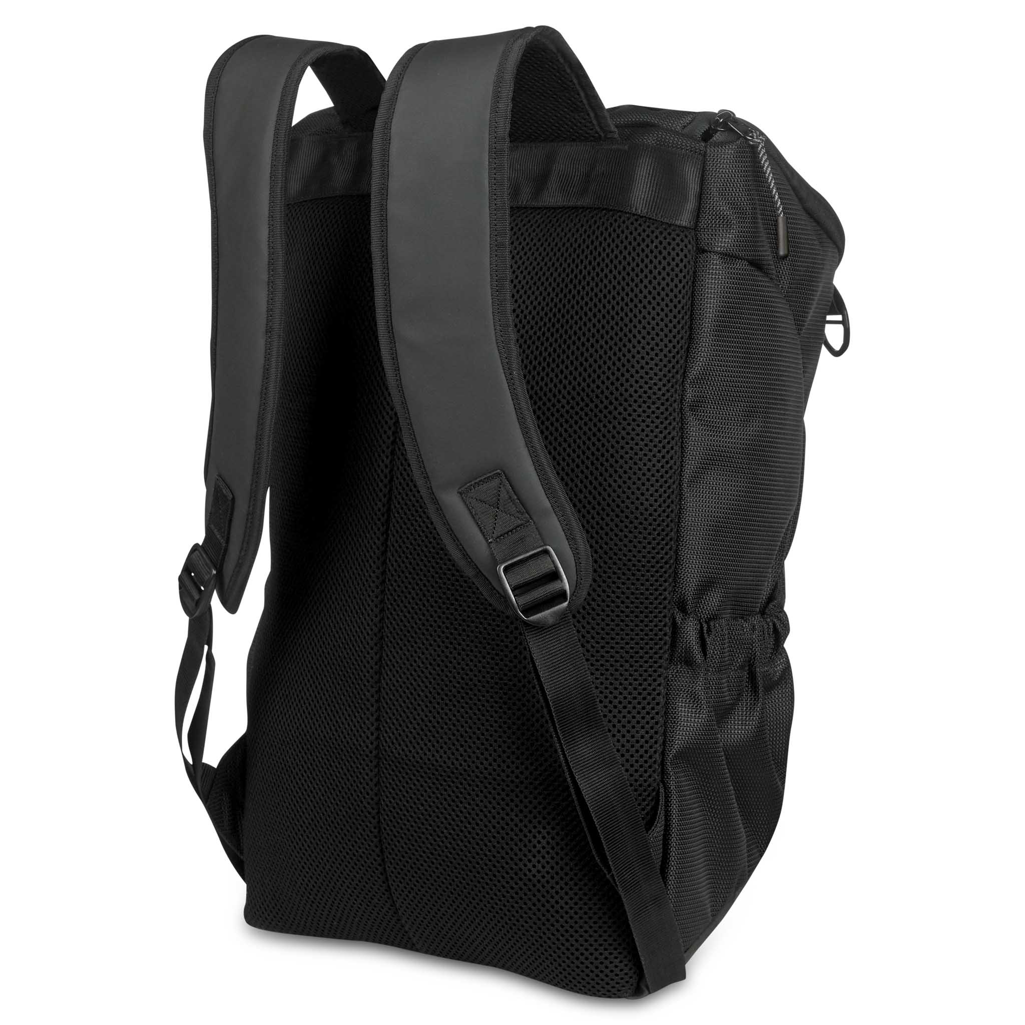 Bagside af sort Backpack Net v25 sportstaske med polstrede stropper og meshryg til fodbold.