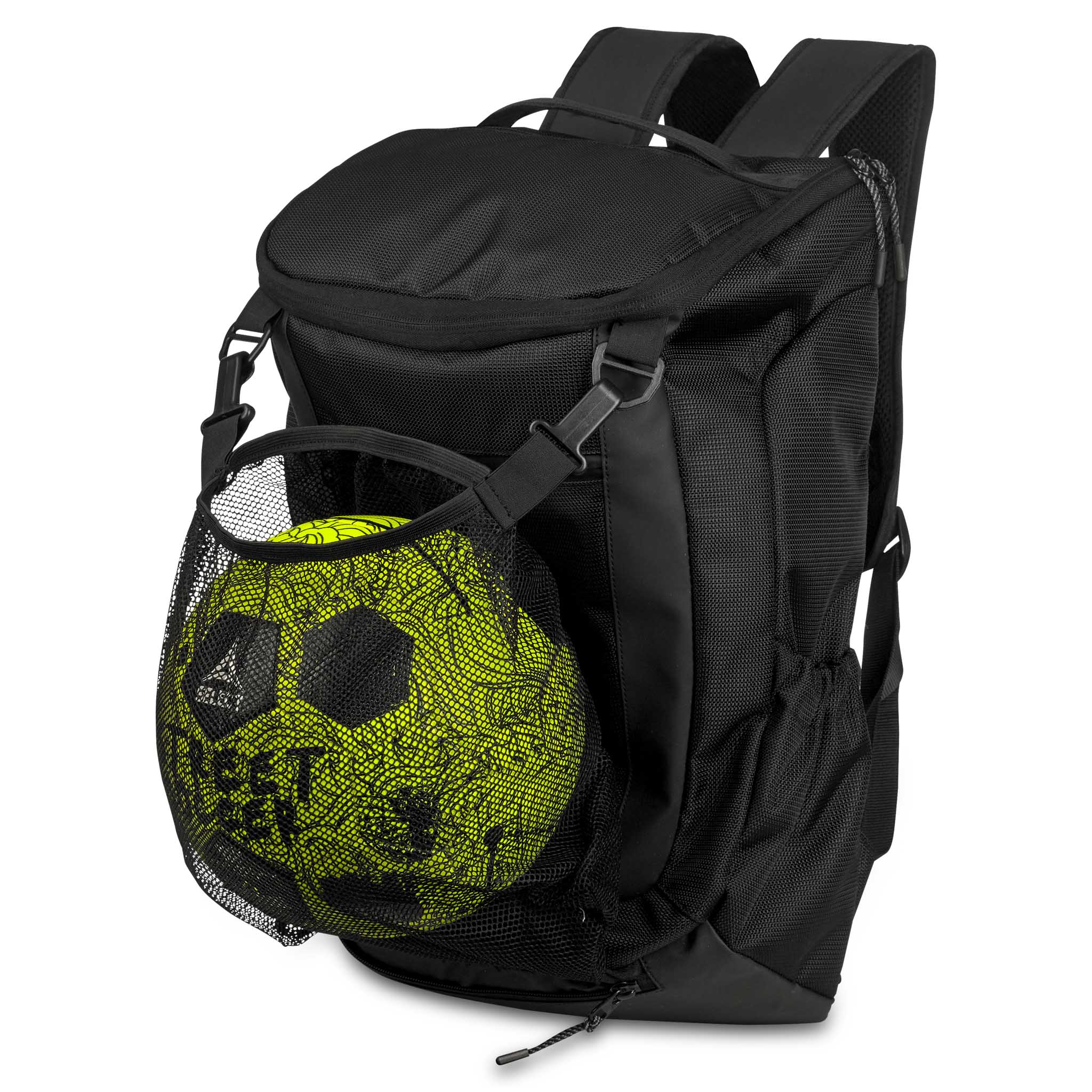 Forfra-billede af sort Backpack Net v25 sportstaske med netlomme, der holder en gul og sort fodbold.