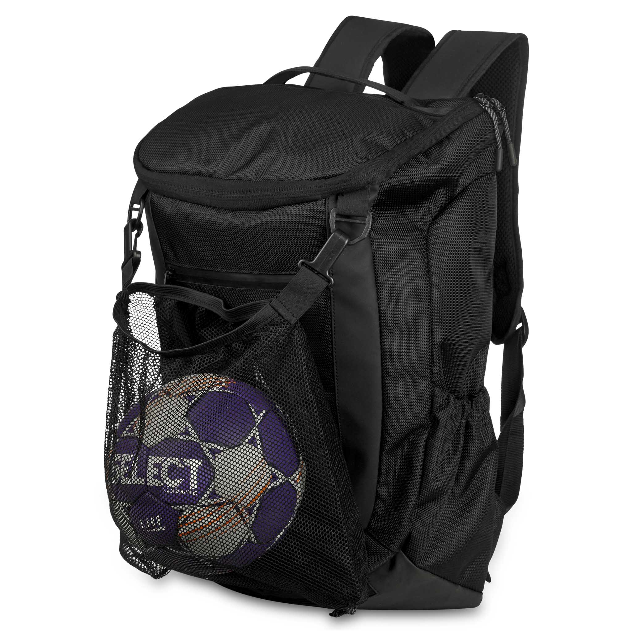 Sort Backpack Net v25 fodbold sportstaske, set forfra med netsidelomme og lilla bold.