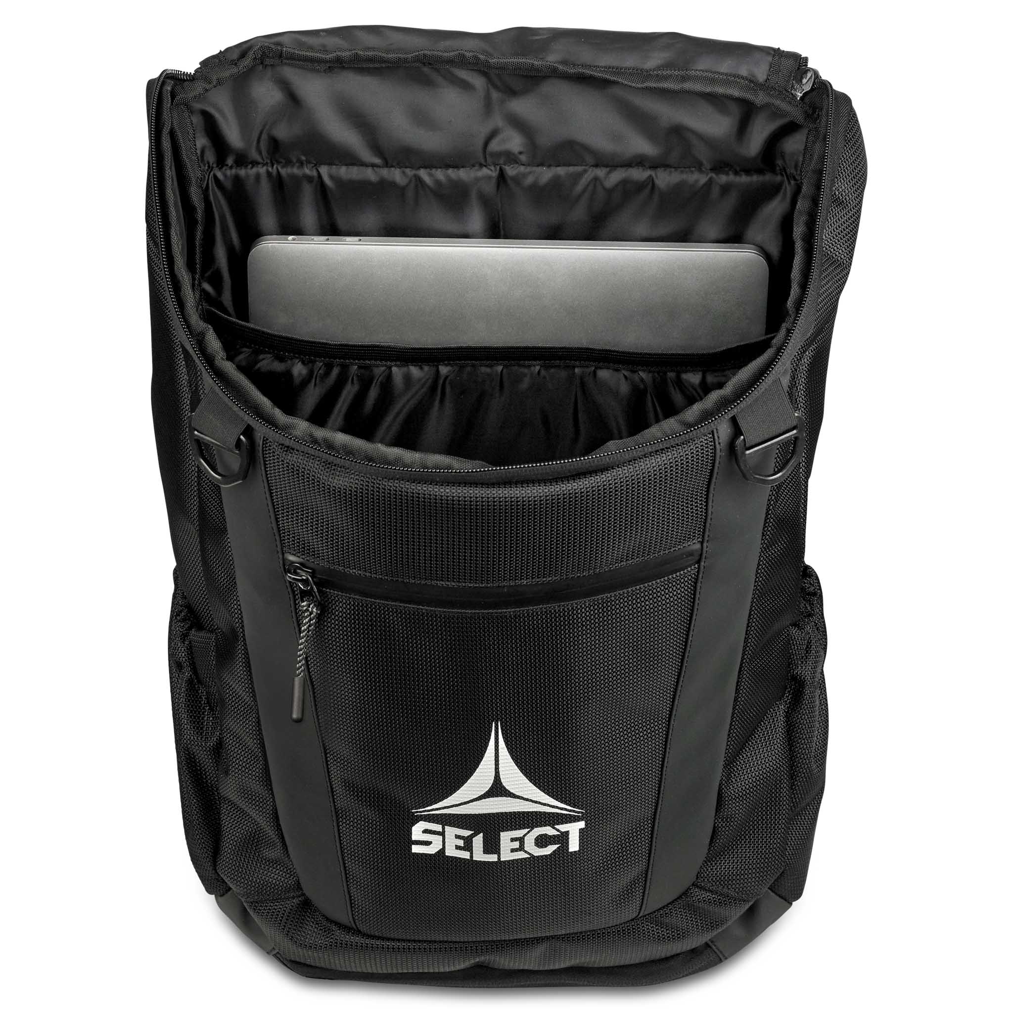 Sort Backpack Net v25 fodbold sportstaske, åben set fra oven med polstret laptoprum og hvidt Select-logo.