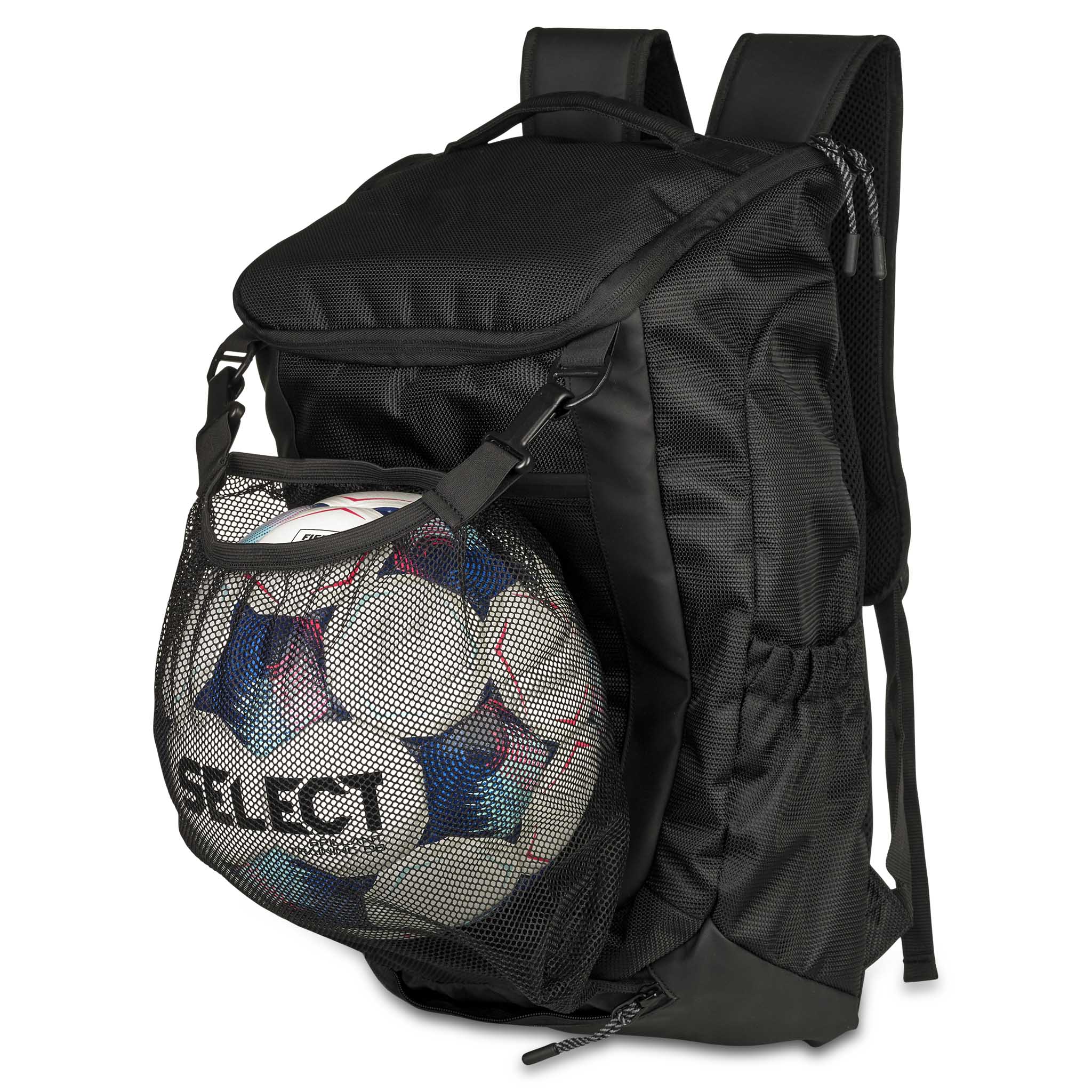 Forfra af sort Backpack Net v25 sportstaske med fodbold i netrum.