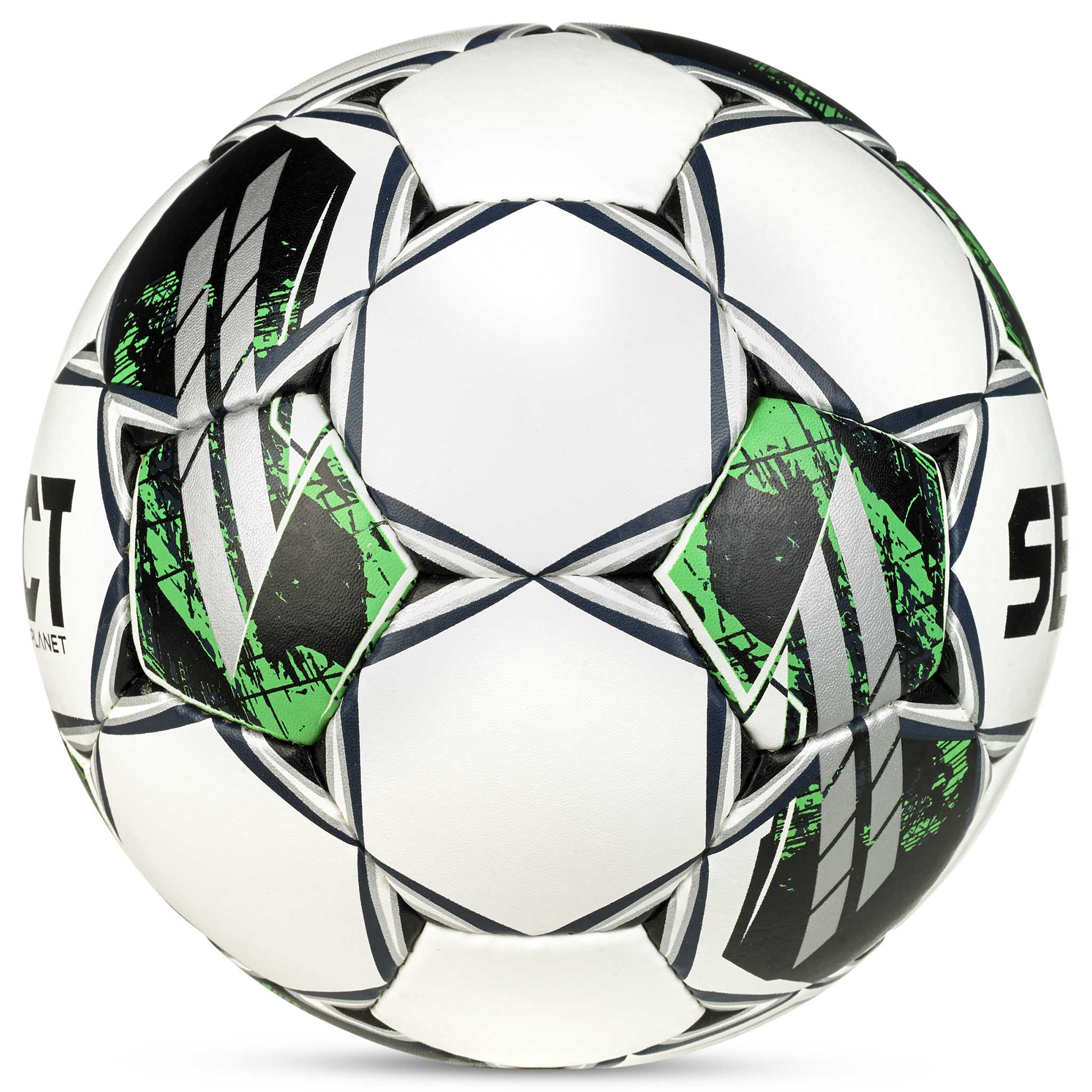 Planet v23 fodbold, højre side. Hvid bold med sort, grønt og gråt stjernemønster.