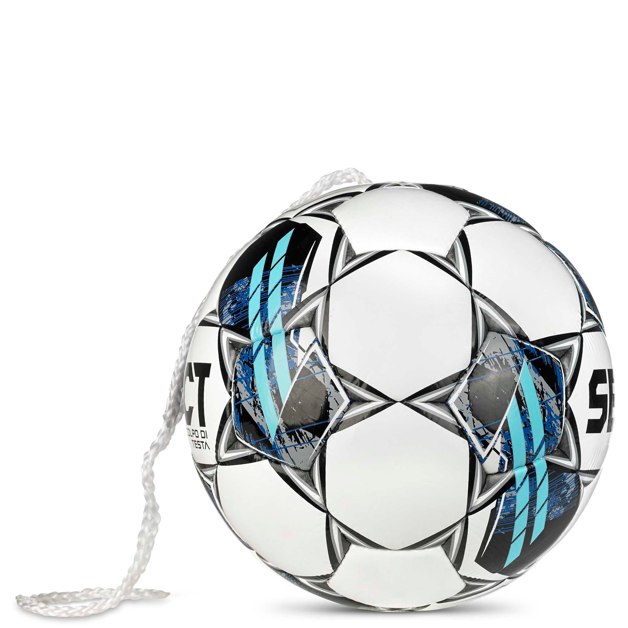 Hvid, blå og sort Colpo Di Testa v23 fodbold med snor, set fra højre side.