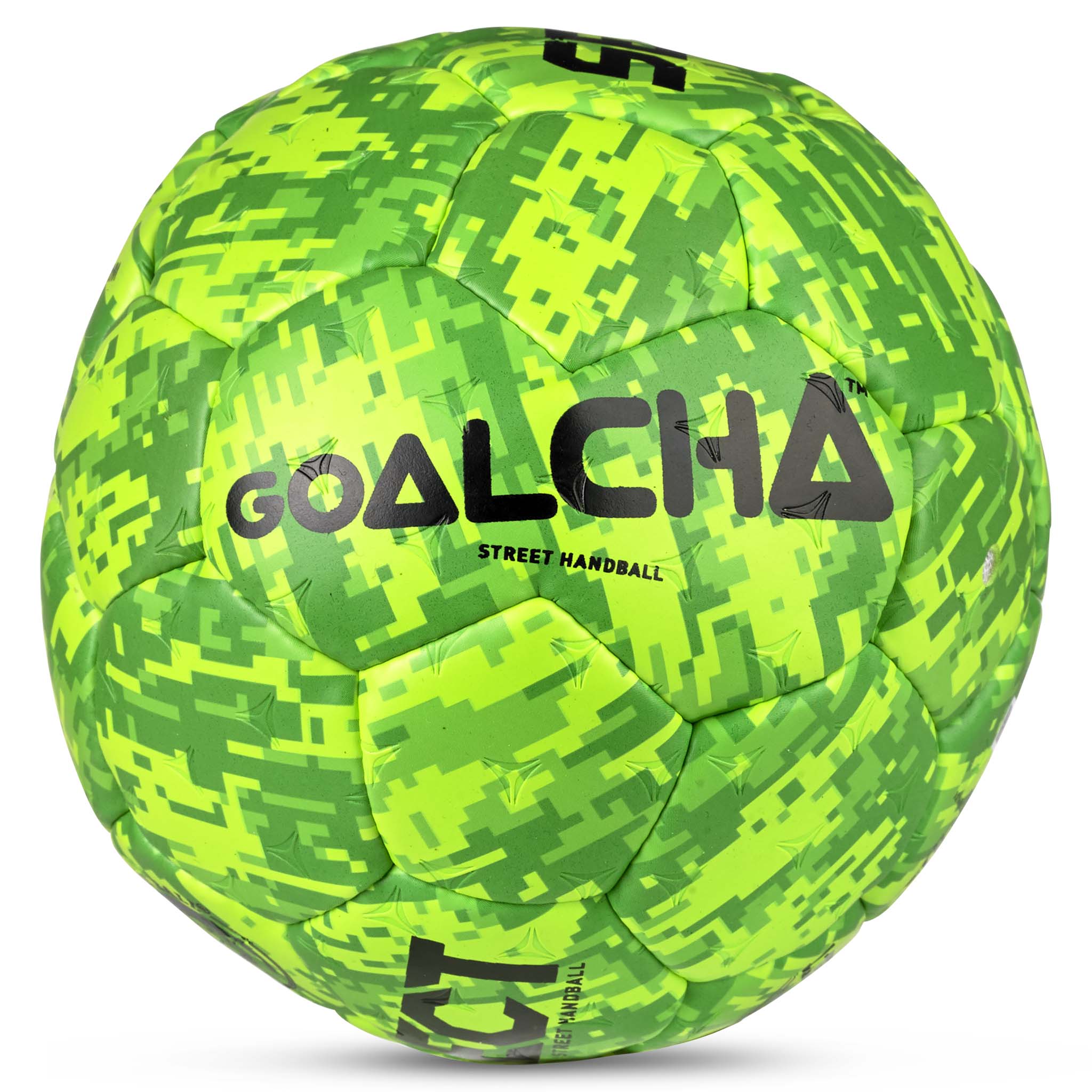 Goalcha Street Handball v25 i grønt camouflagemønster, set fra højre side, sort logo. Håndbold.
