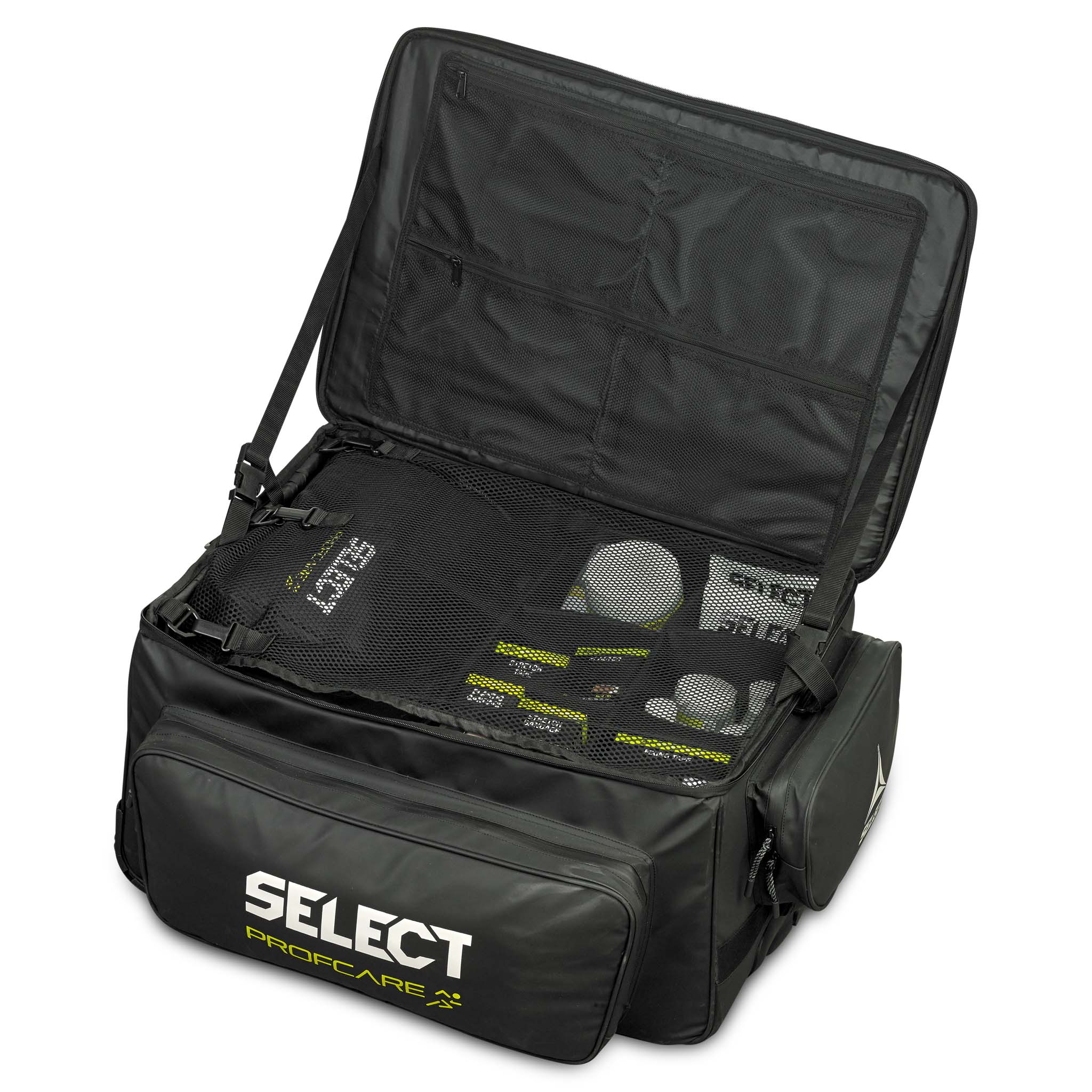 Nærbillede af sort Medicalbag trolley v25 Sports care, åben med synlige rum og lægeudstyr indeni.