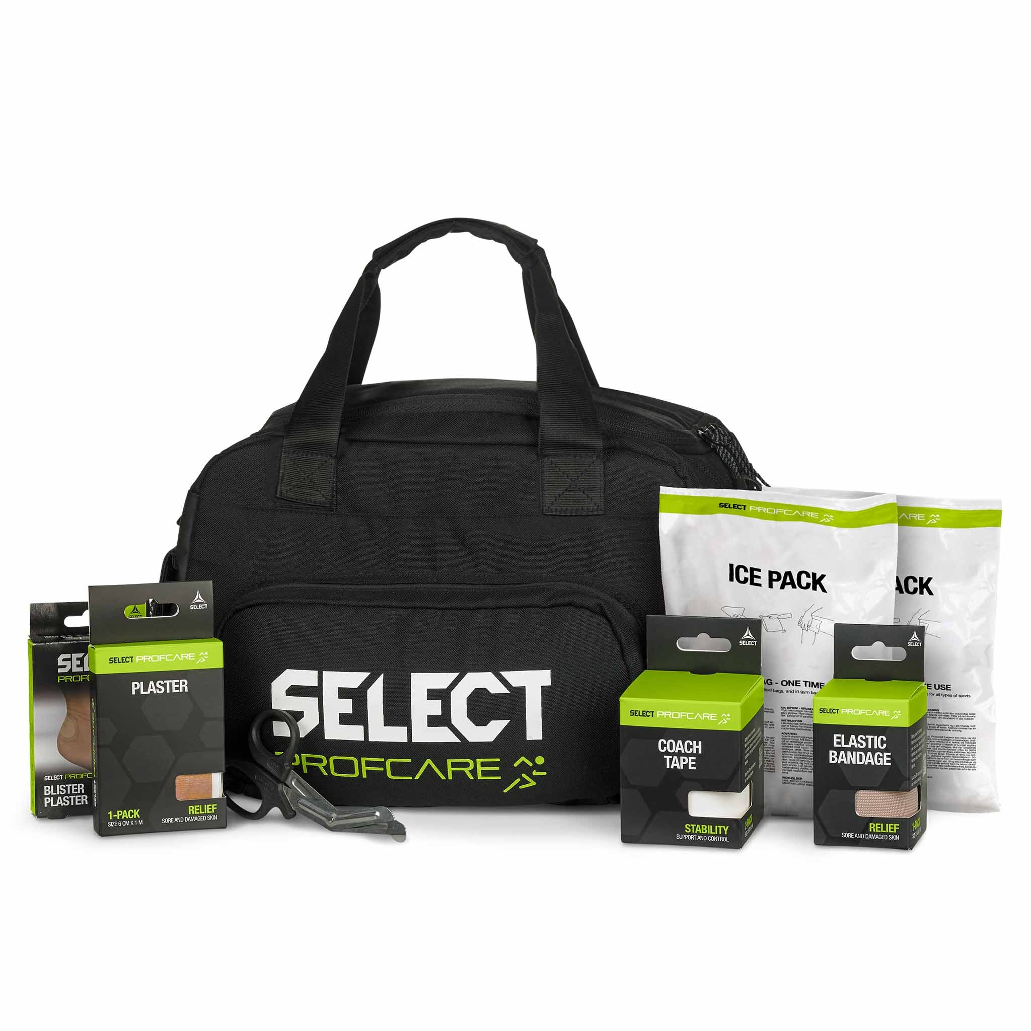 Forside: sort Medicalbag medium w/content v25, Sports care, med ispose, plaster, coach tape, elastisk bandage