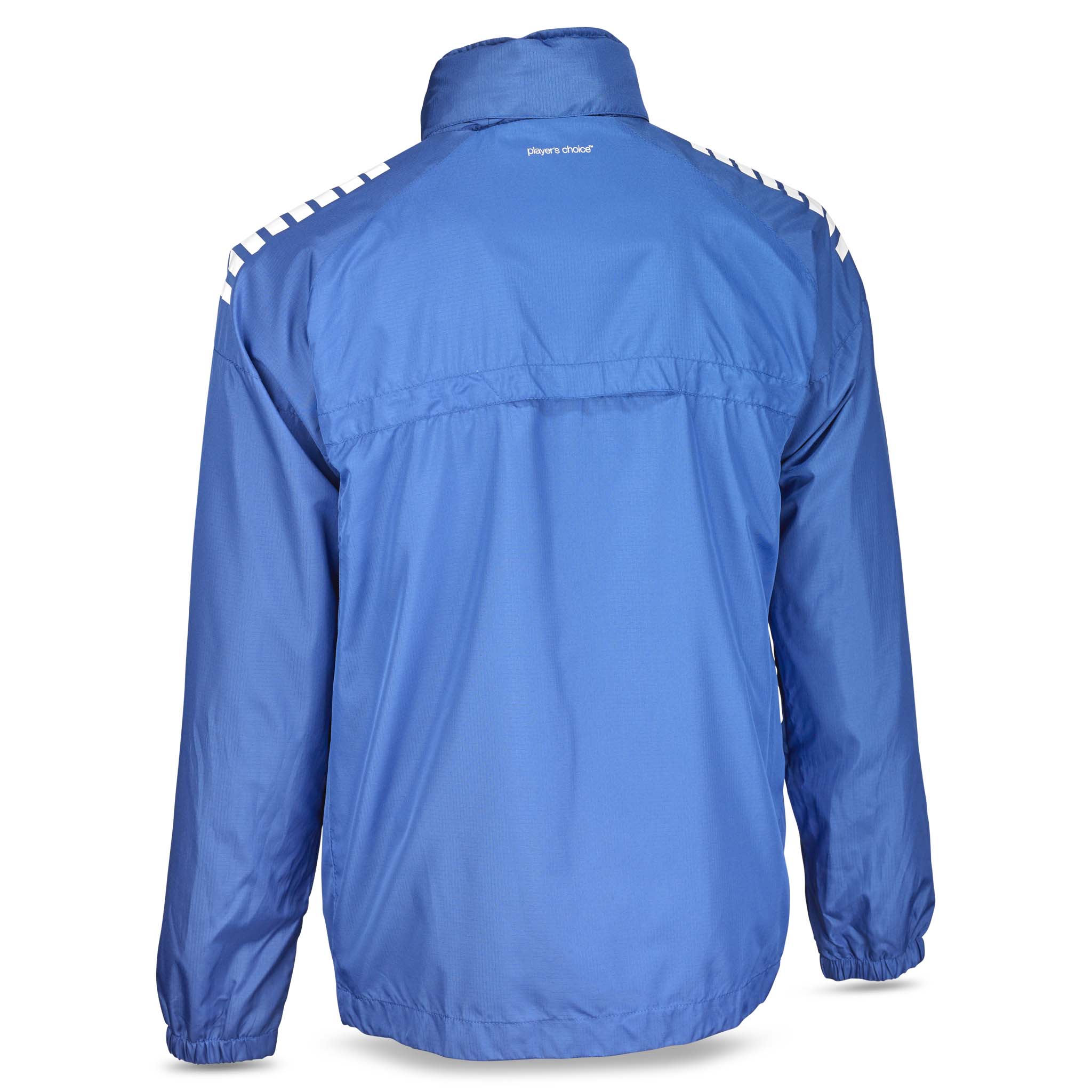 Bagside af blå og hvid Training jacket Spain v25, Match & Training wear med fodbolddetaljer.