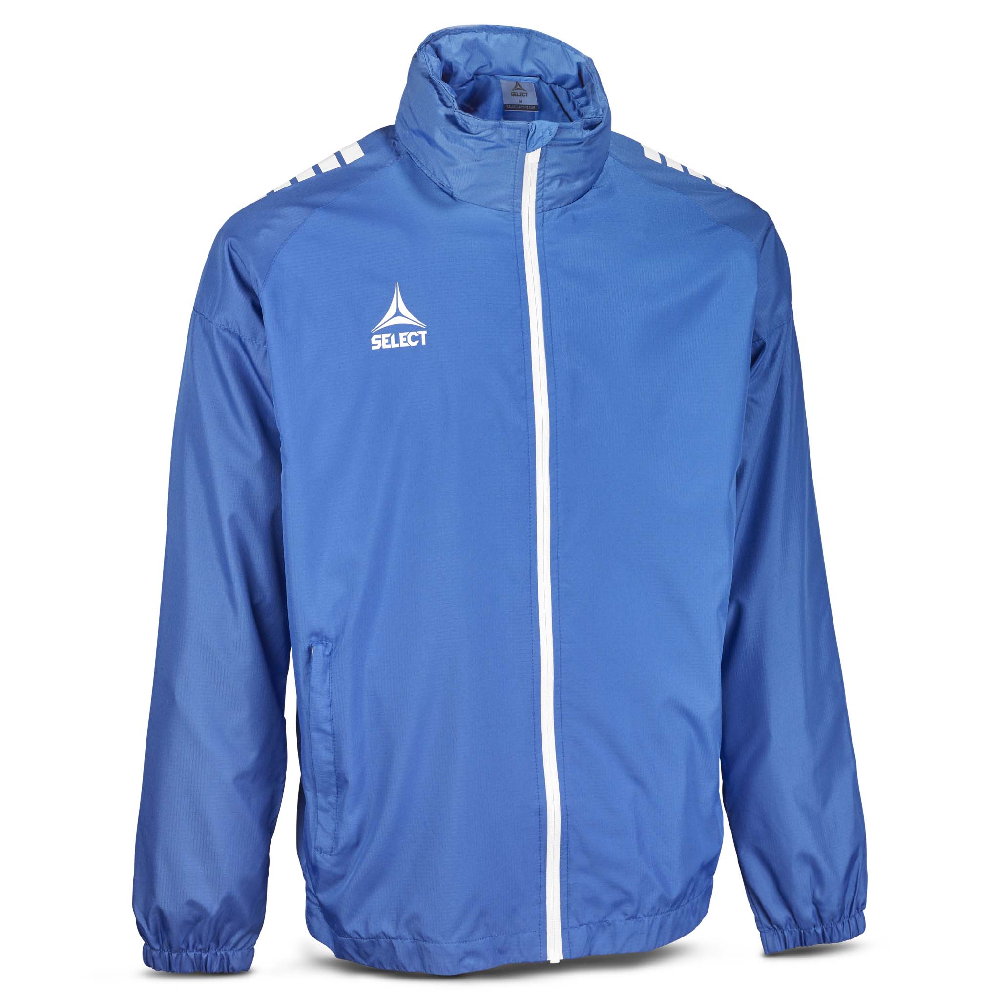 Forside af blå og hvid Training jacket Spain v25, Match & Training tøj med hvid lynlås og logo.