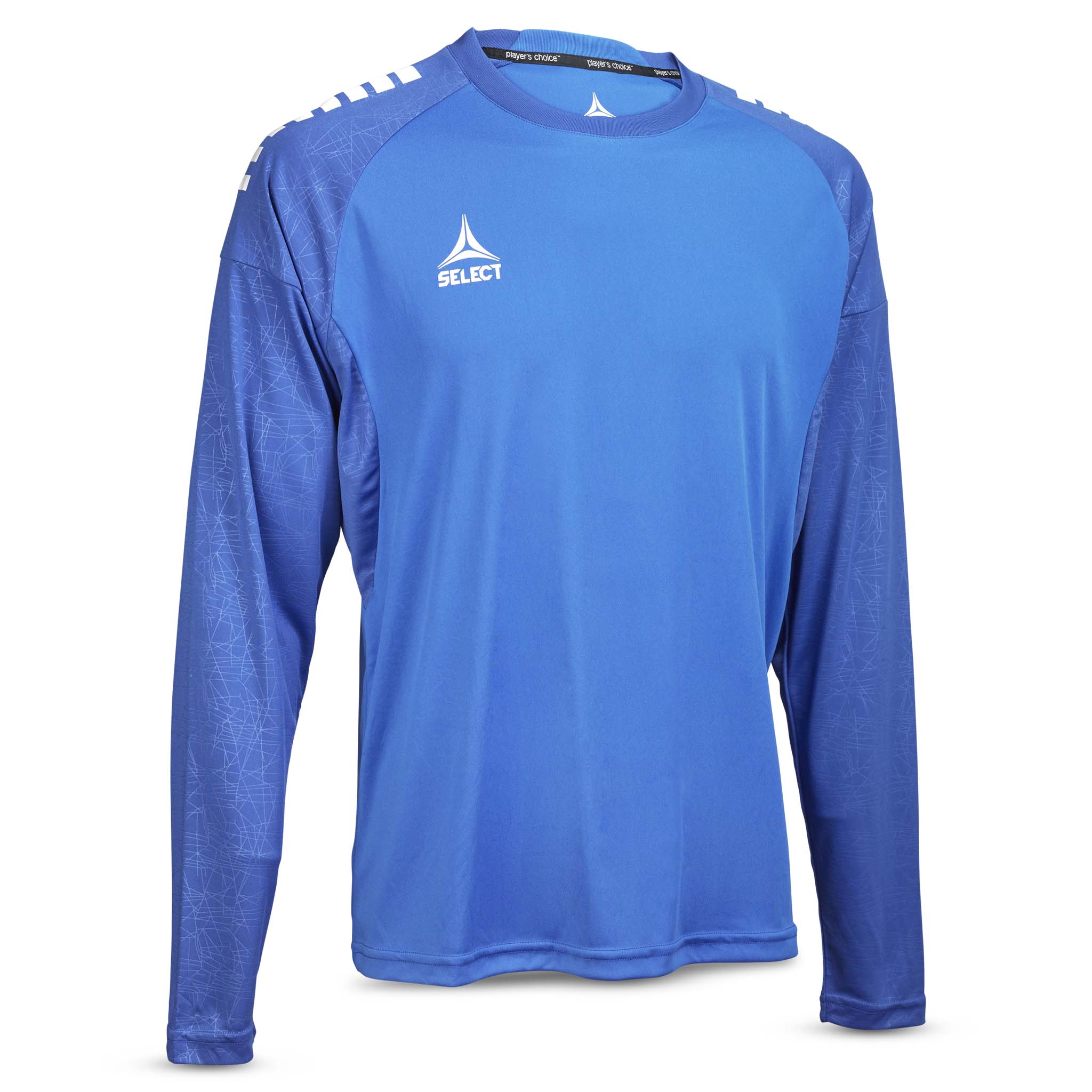 Forfra af blå Player shirt L/S Spain v25, Kamp- og træningstøj, med hvid logodetalje.