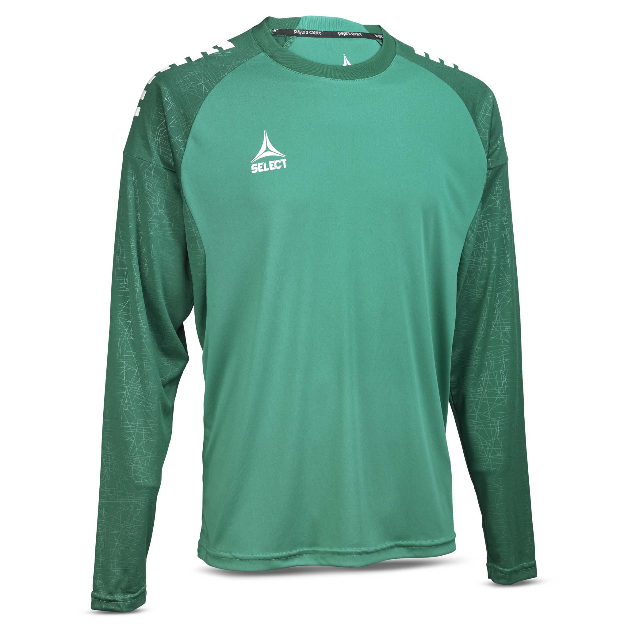 Forfra af grøn og hvid Player shirt L/S Spain v25, fodbold Match & Training wear.