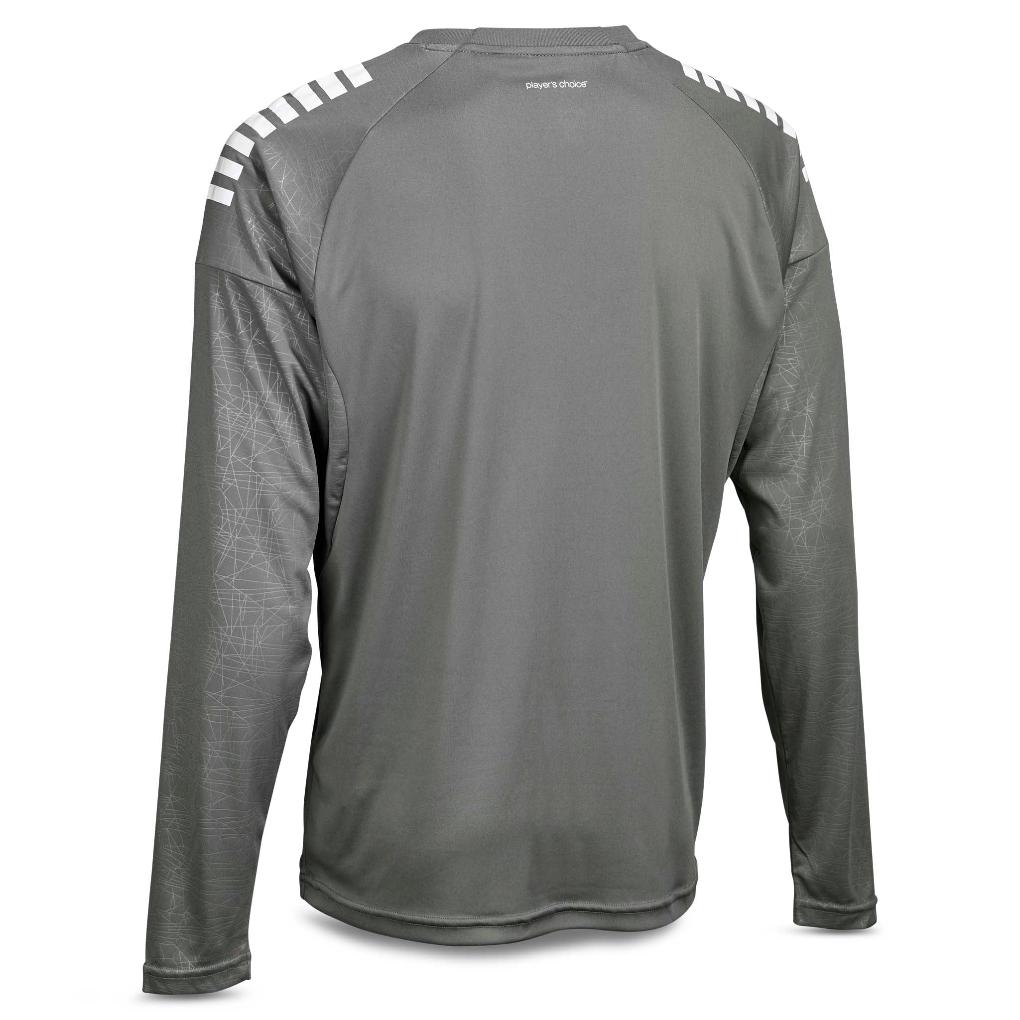 Bagside af grå/hvid Player shirt L/S Spain v25, Match & Training wear, med hvidstribede skuldre