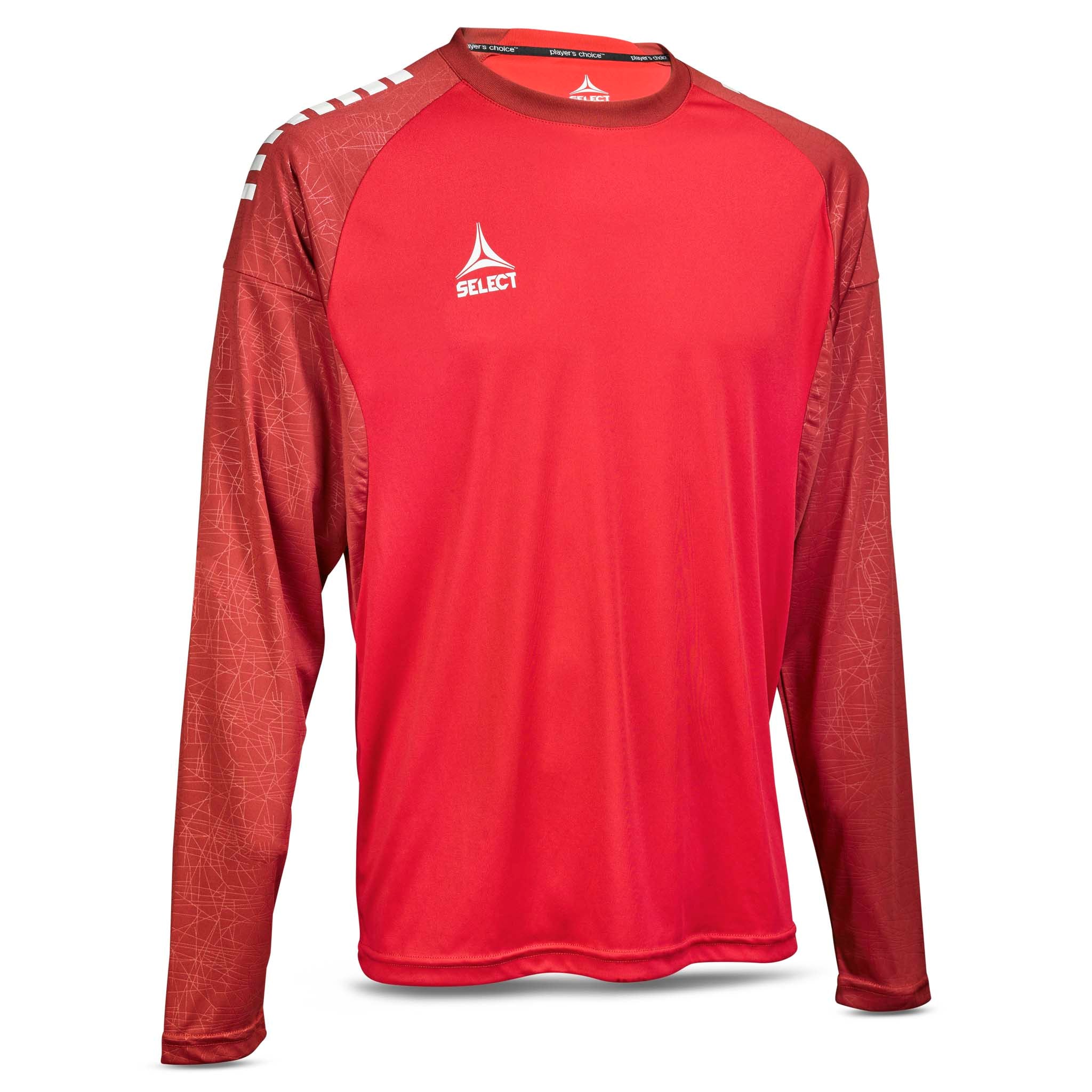 Forside af rød Player shirt L/S Spain v25 fodbold Match & Training wear med hvidt logo.