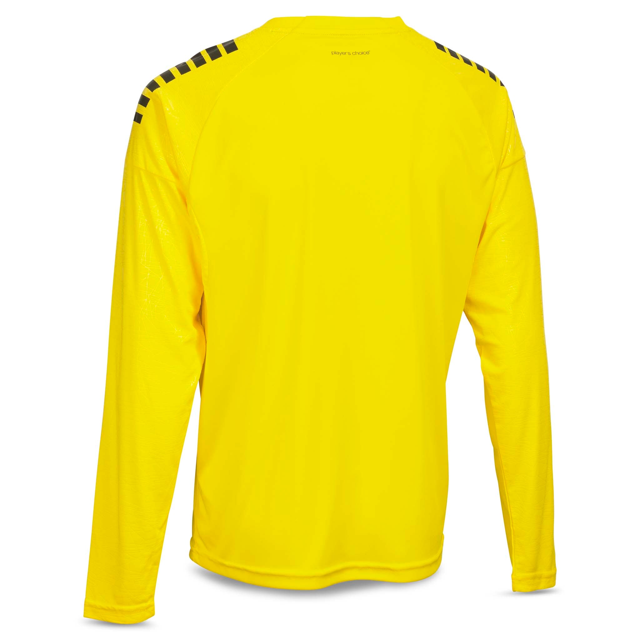 Bagside af gul Player shirt L/S Spain v25, fodbold Match & Training wear med sorte skulderdetaljer.