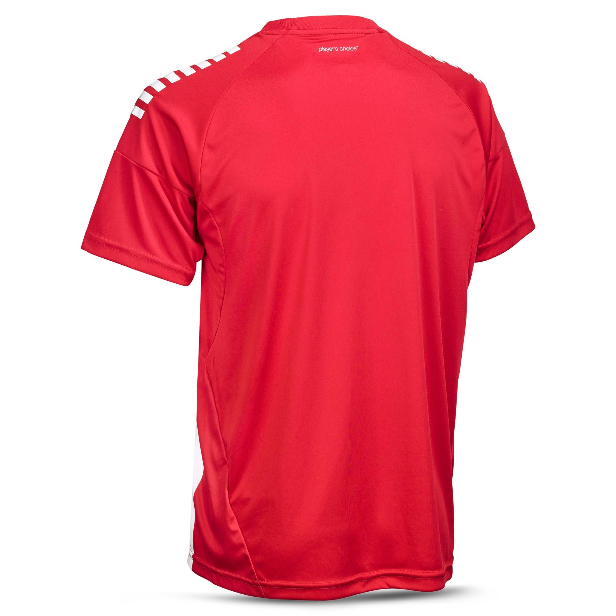 Bagside af rød Player shirt S/S Spain striped v25 med hvide skulderstriber, fodbold Match & Training wear.