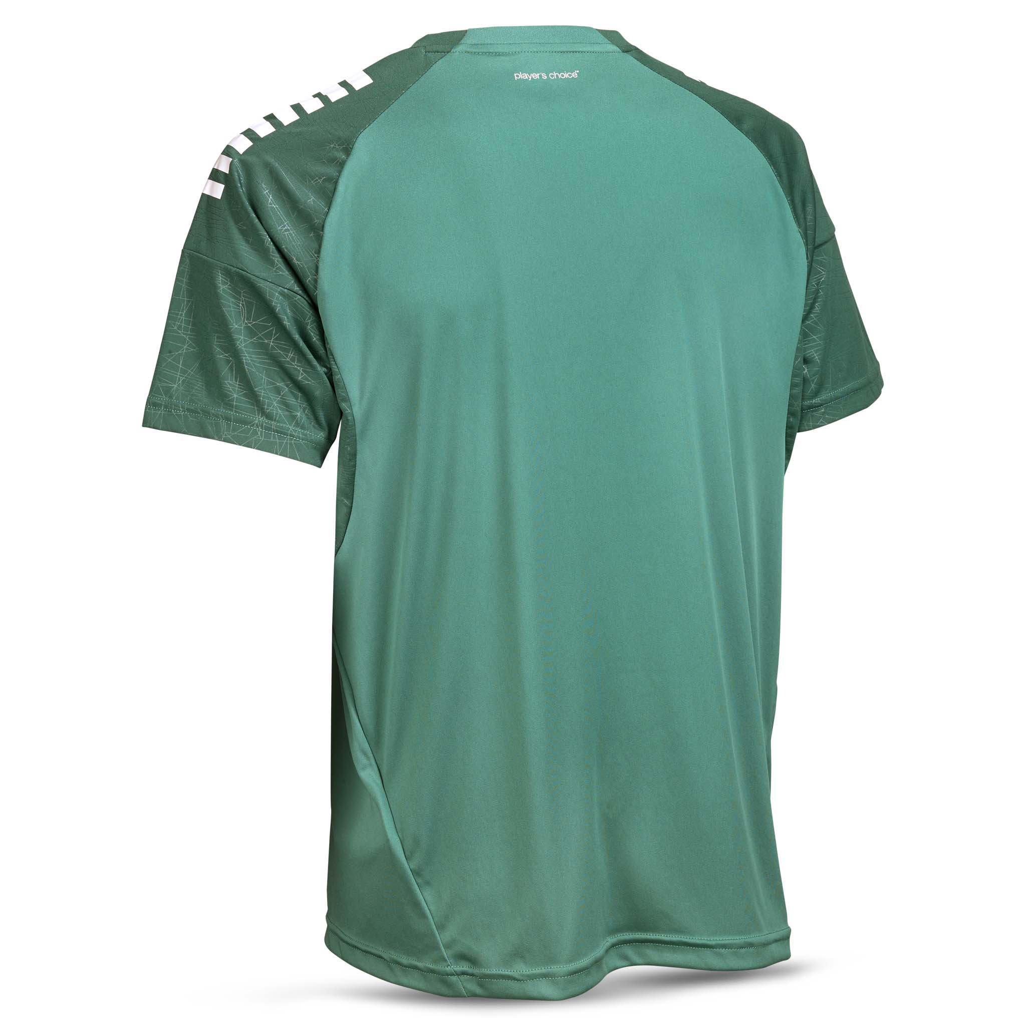 Bagside af grøn Player shirt S/S Spain v25, Match & Training wear, med hvid skulderdetalje.