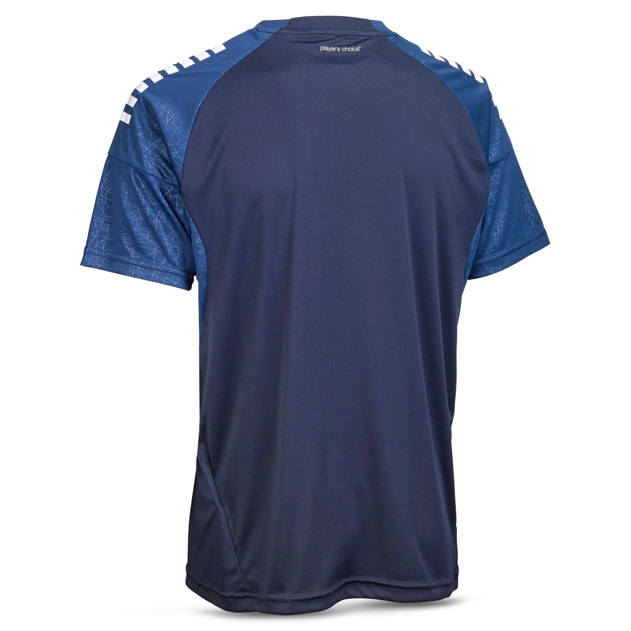 Bagside af Player shirt S/S Spain v25, Match & Training wear, i navy og blå med hvide skulderdetaljer.