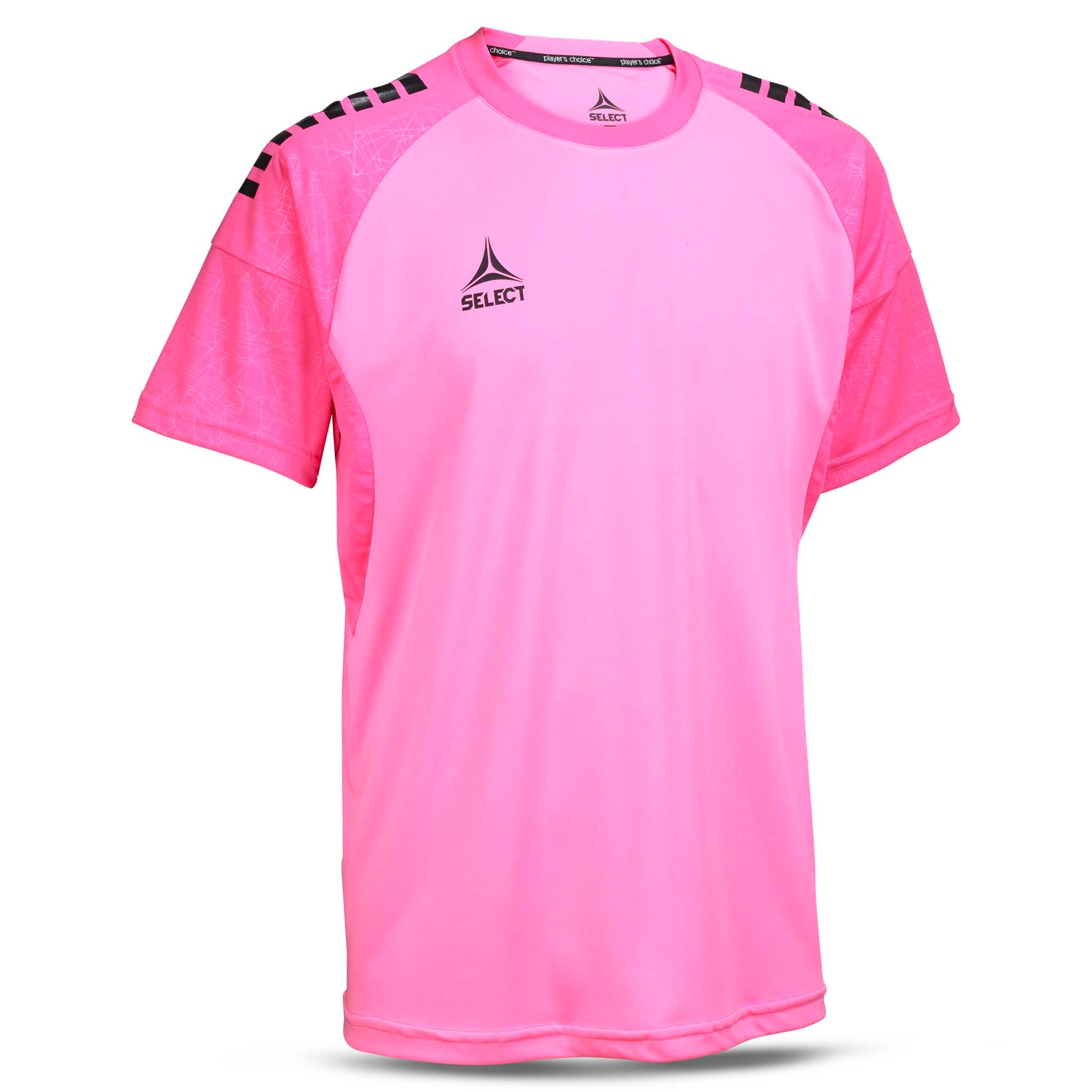 Forside af pink Player shirt S/S Spain v25 fodbold Match & Training tøj med sort skulderdetalje