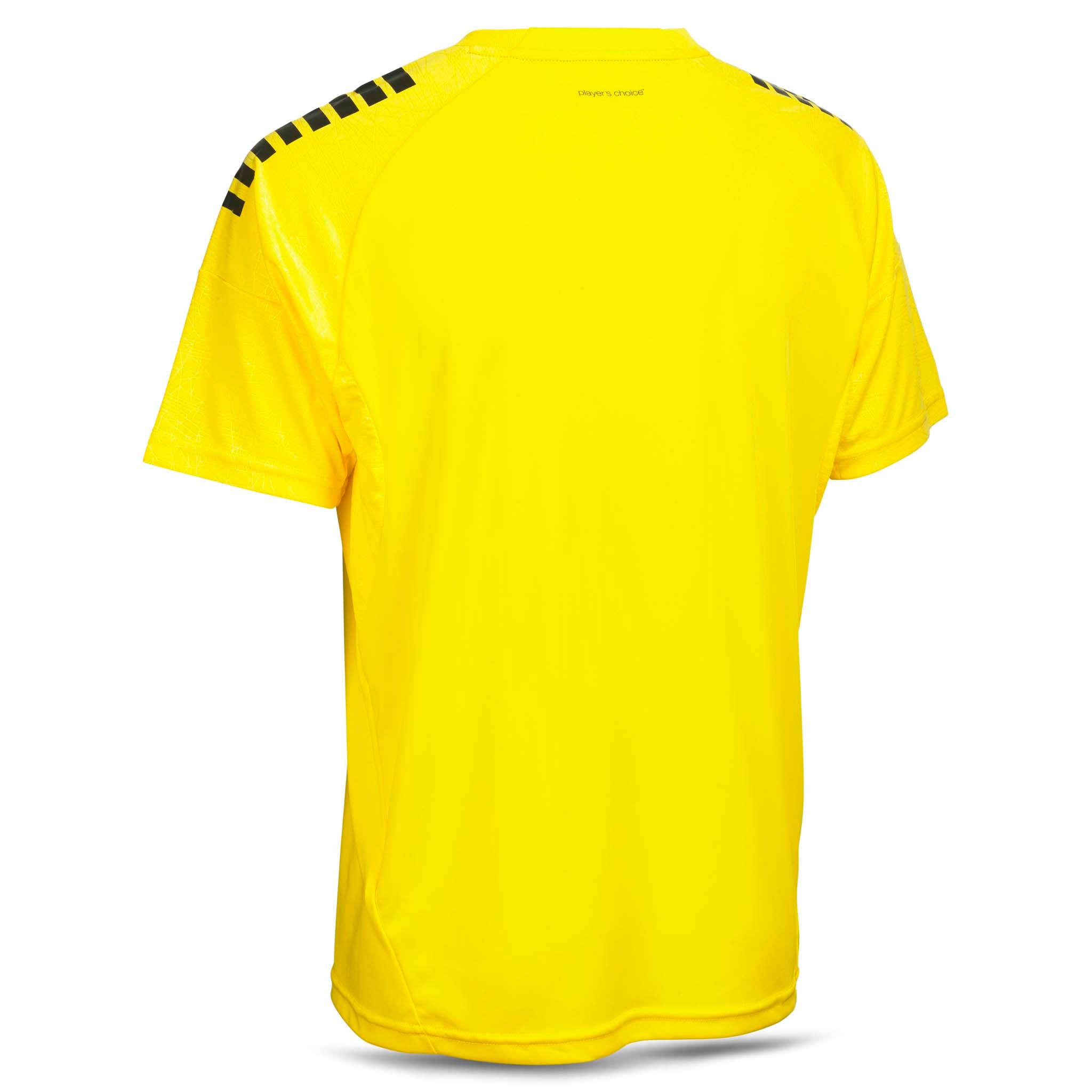 Bagside af gul Player shirt S/S Spain v25 med sorte skulderstriber, fodbold Match & Training wear