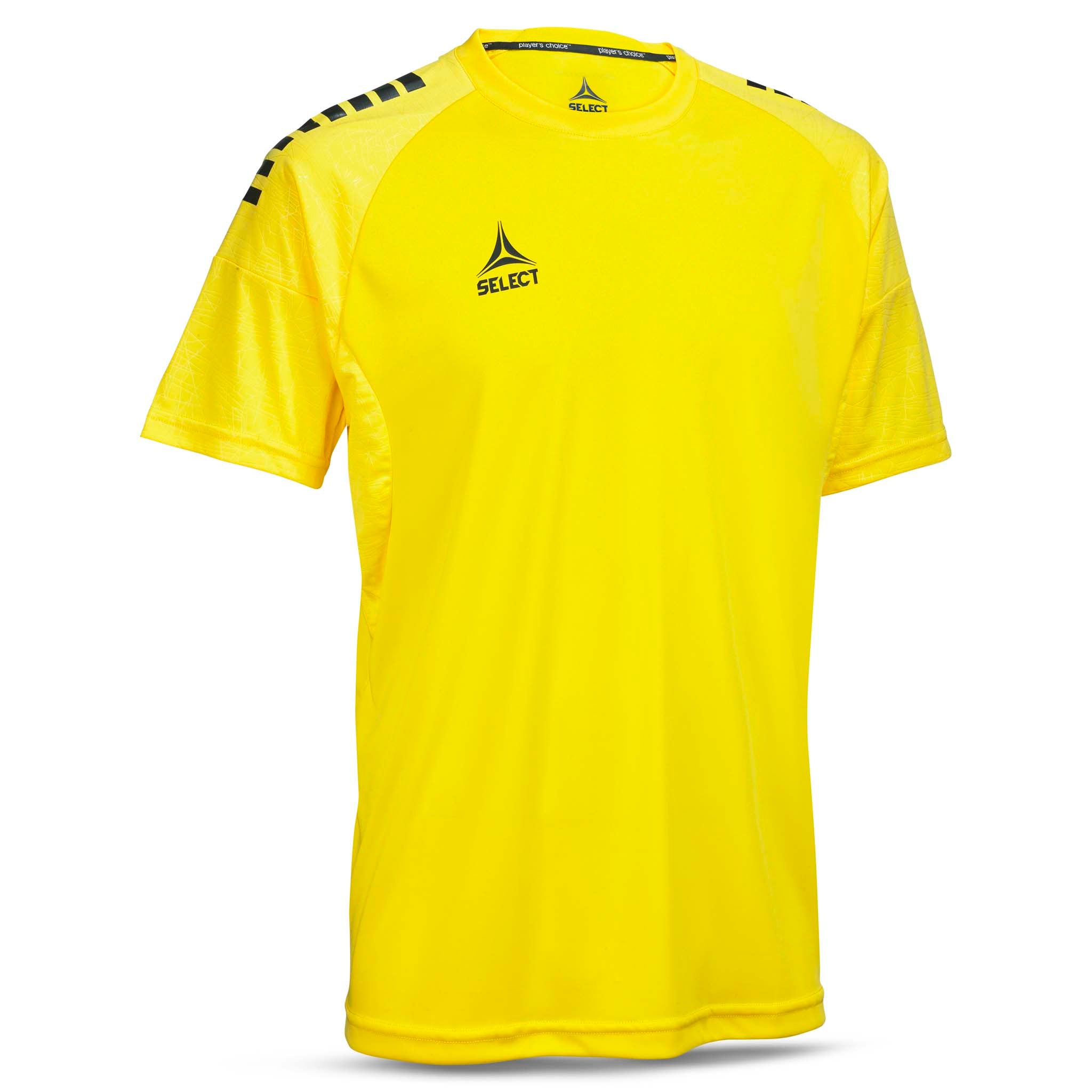 Forside af gul Player shirt S/S Spain v25 med sort skulderdetalje, fodbold Match & Training wear