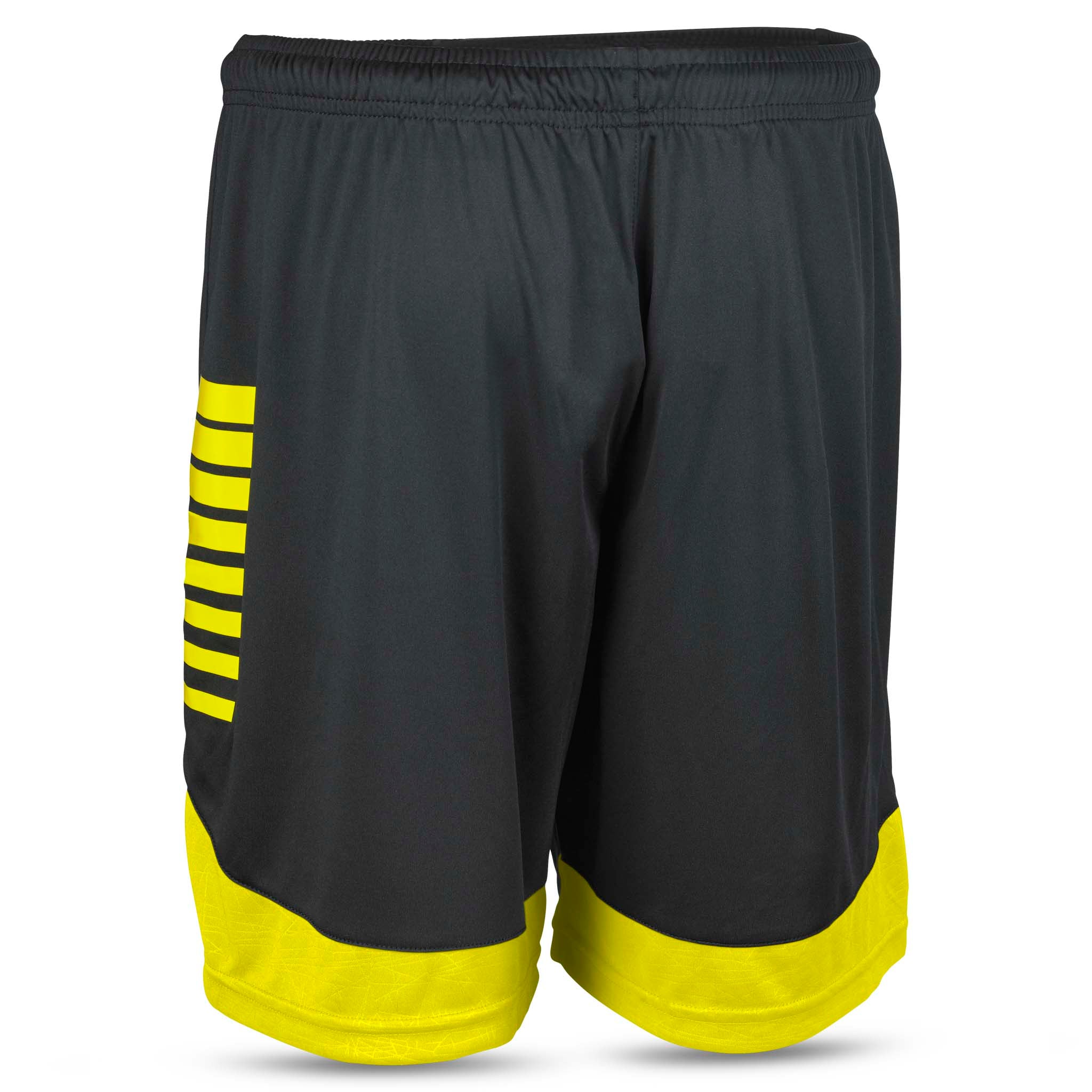 Sorte og gule Player shorts Spain v25, Kamp- og træningstøj, bagside med gule striber og kant