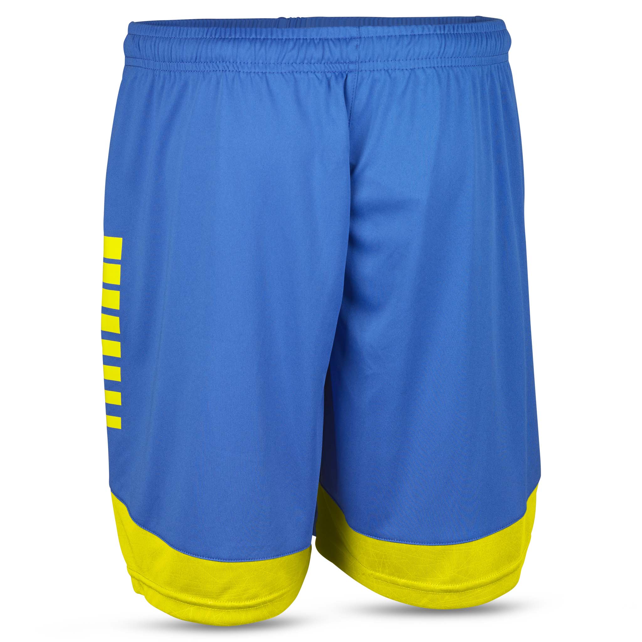 Blå Player shorts Spain v25 med gule striber, bagside. Kamp- og træningstøj.