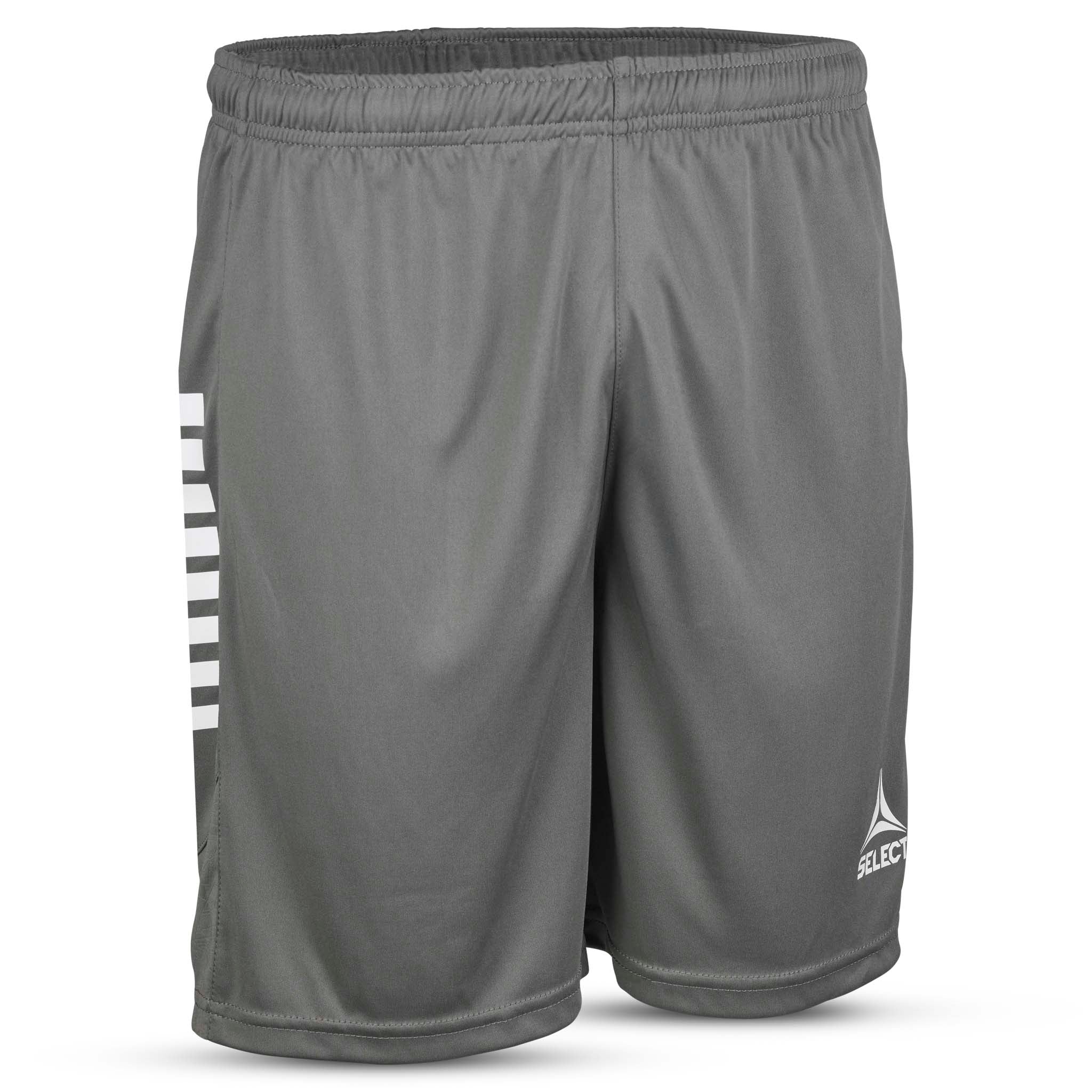 Forside af grå Player shorts Spain v25 med hvide striber, Match & Training-tøj til fodbold.