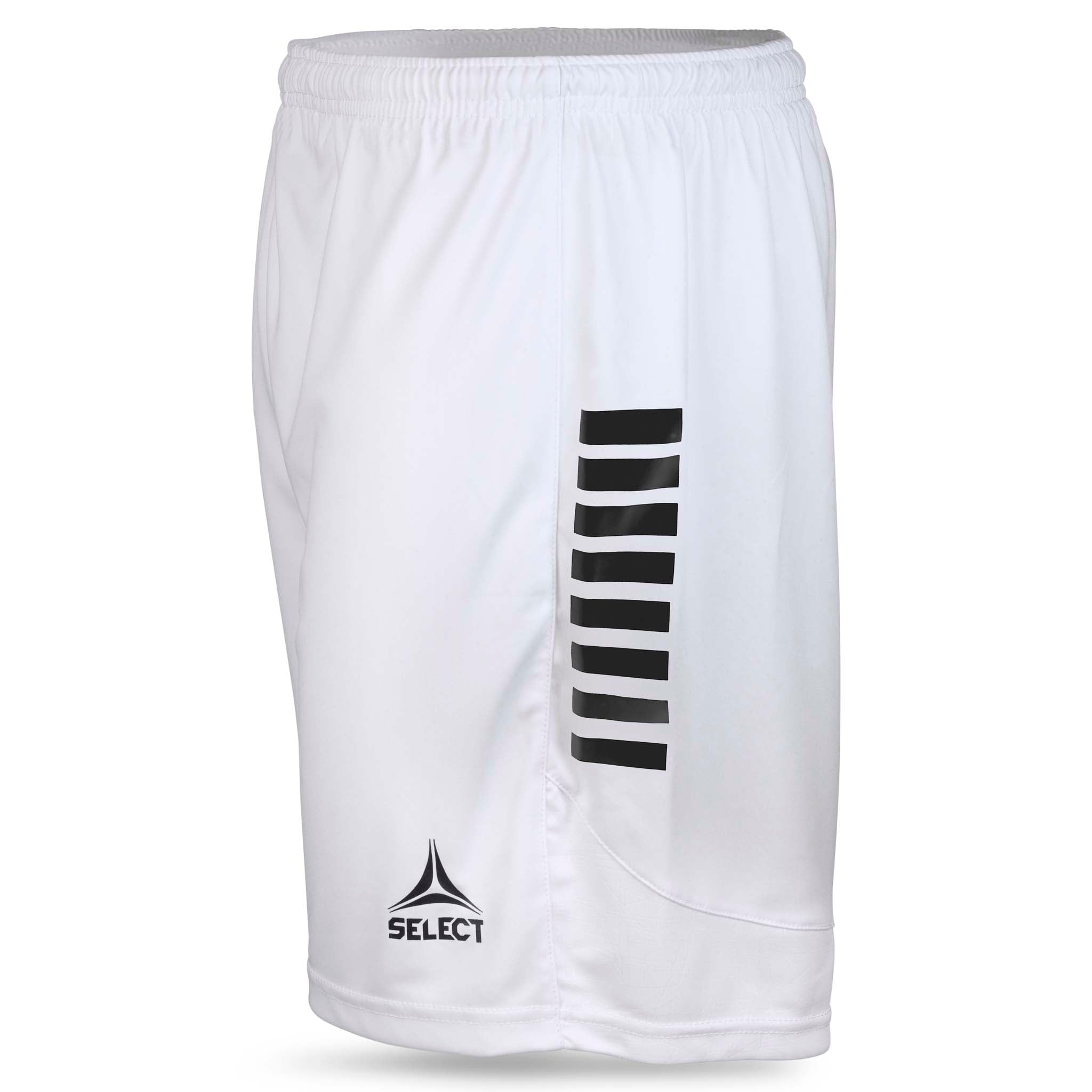 Hvide Player shorts Spain v25 med sorte striber og logo, Match & Training wear, set fra venstre side.