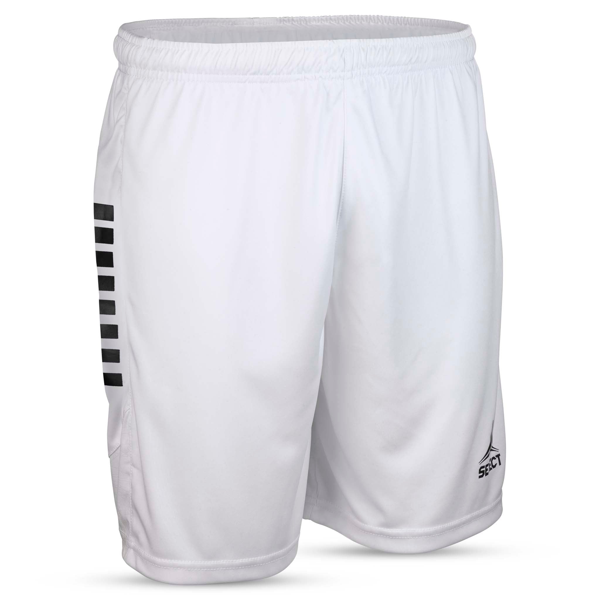 Forside af hvide Player shorts Spain v25 med sorte sidestriber, Match & Training wear til fodbold.