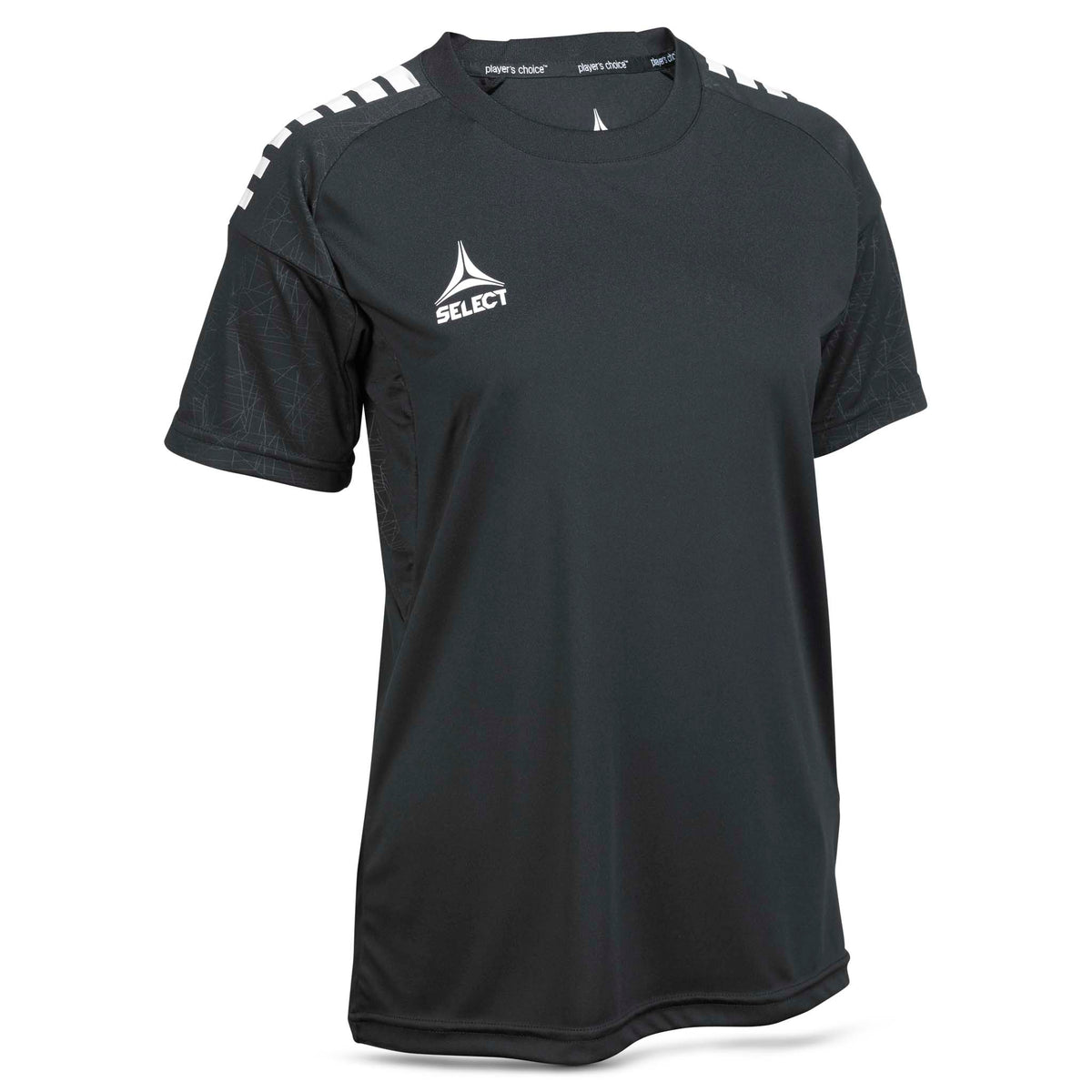 Forfra af sort Player shirt S/S Spain woman v25 med hvid skulderdetalje. Fodbold Match & Training wear.