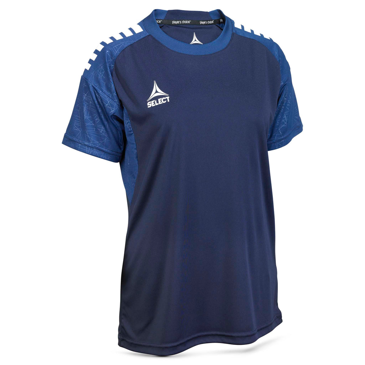 Player shirt S/S Spain woman v25, Match & Training tøj, set forfra, navy med hvidt logo og blå skulderdetaljer