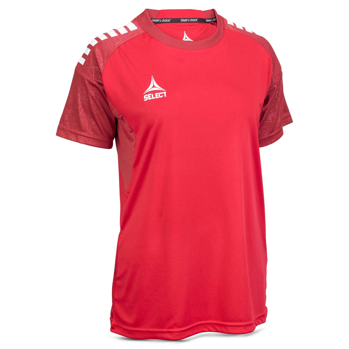 Forside af rød Player shirt S/S Spain woman v25, Match & Training wear, med hvide skulderdetaljer.