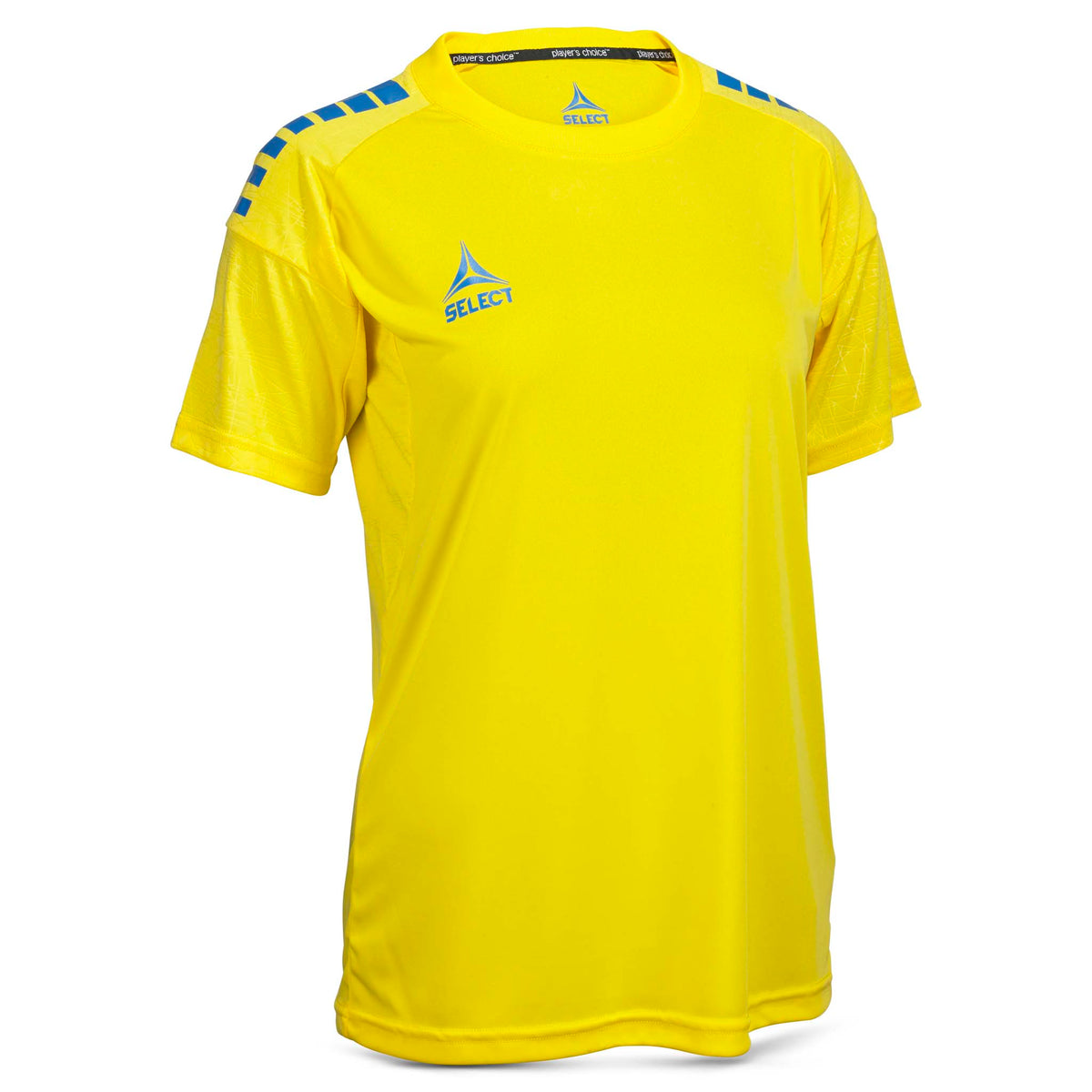 Forside af gul Player shirt S/S Spain woman v25 med blå skulderdetaljer, fodbold Match & Training wear