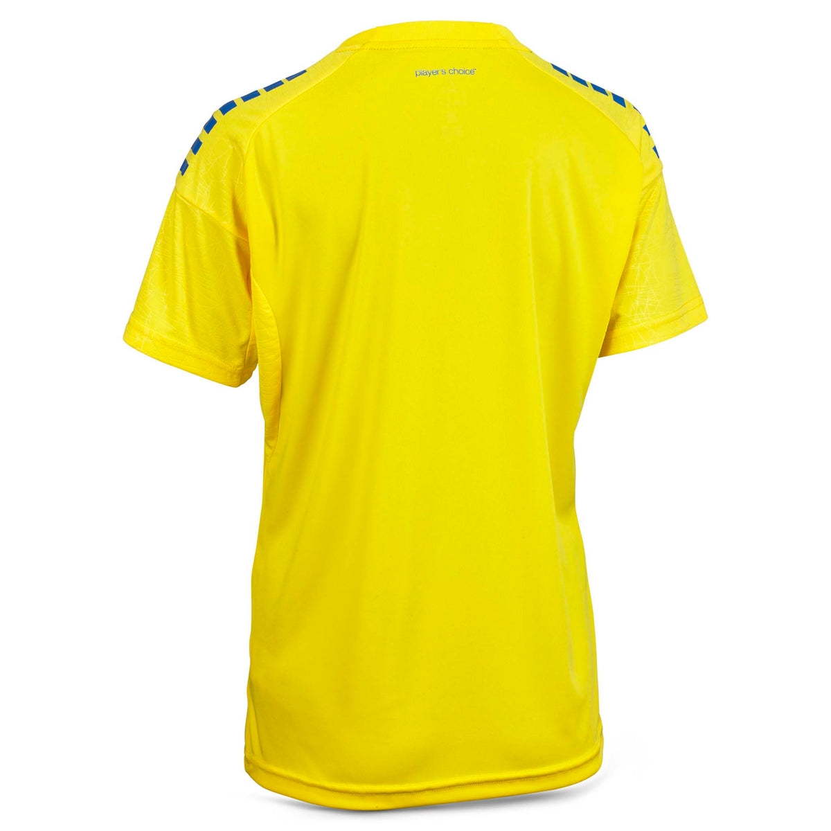 Bagside af gul Player shirt S/S Spain woman v25 med blå skulderdetaljer, fodbold Match & Training wear