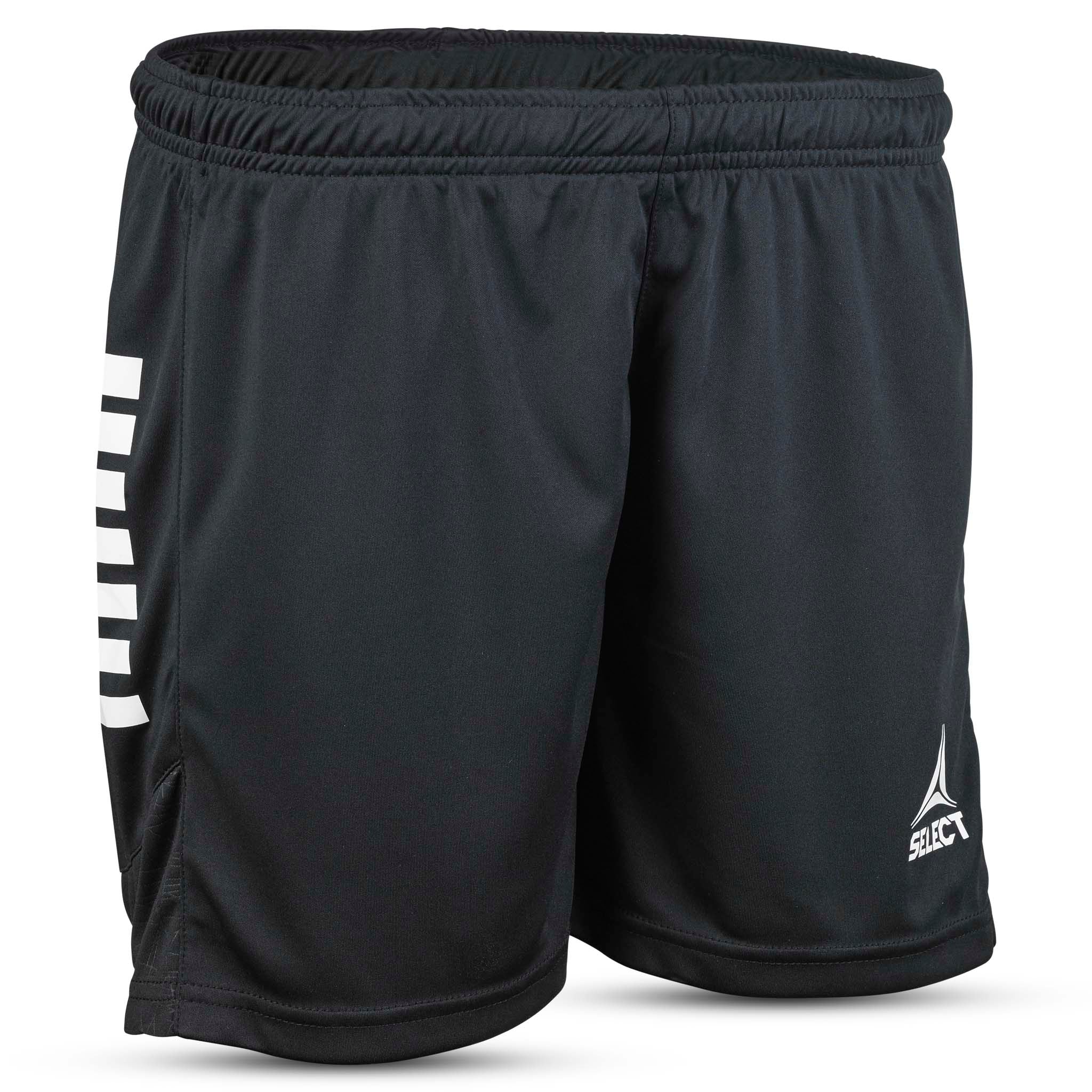 Forside af sorte Player shorts Spain woman v25, Match & Training wear, med hvid stribe og Select-logo.