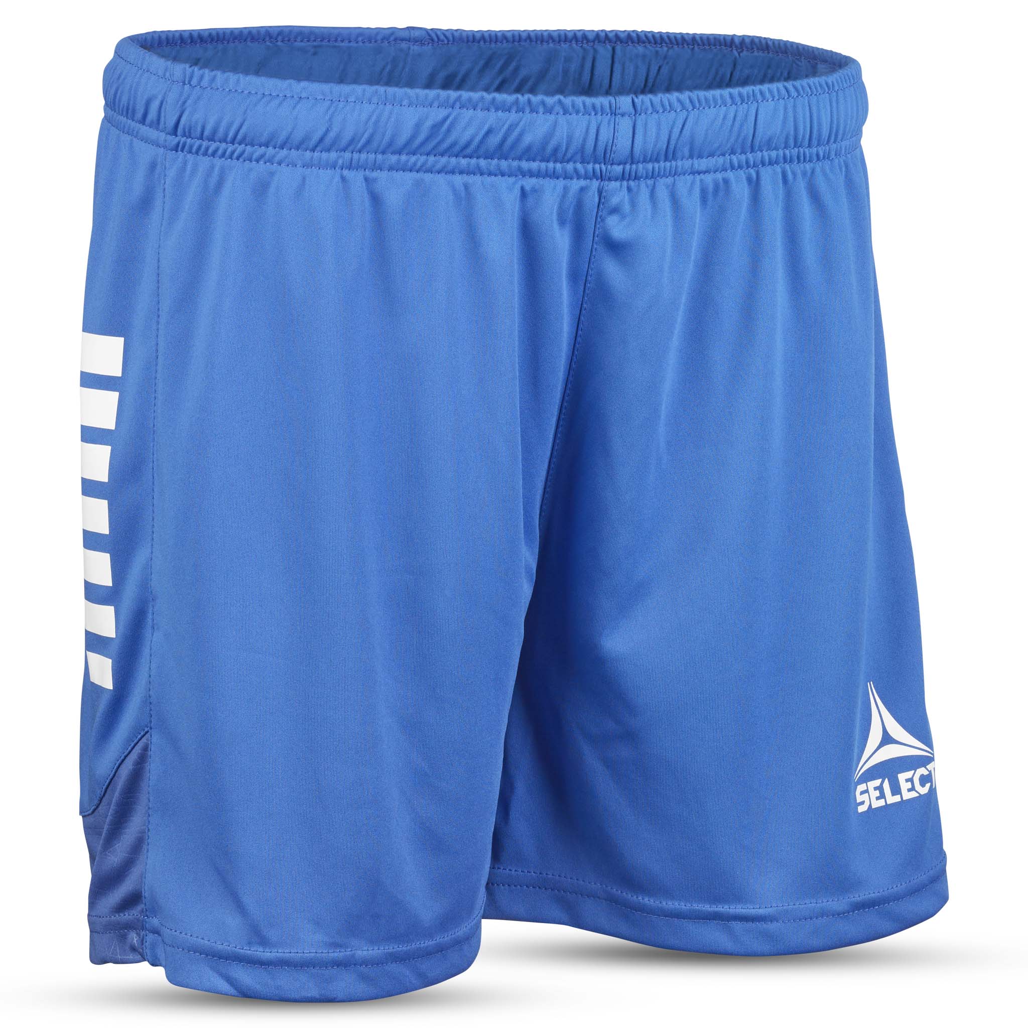 Forside af blå Player shorts Spain woman v25, hvide logodetaljer, Match & Training wear til fodbold